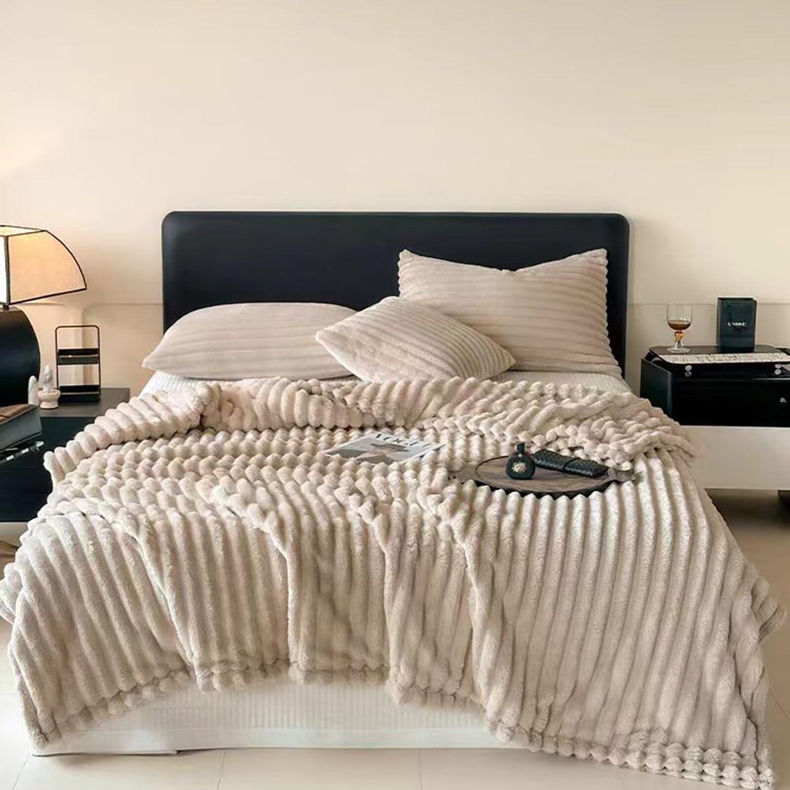 PIPRE PIPRE Throw Blanket for Couch - Super Soft & Warm Striped Fleece Blanket, Cozy Plush Fluffy Blanket All Season Use (Khaki, 40x60 Inches)