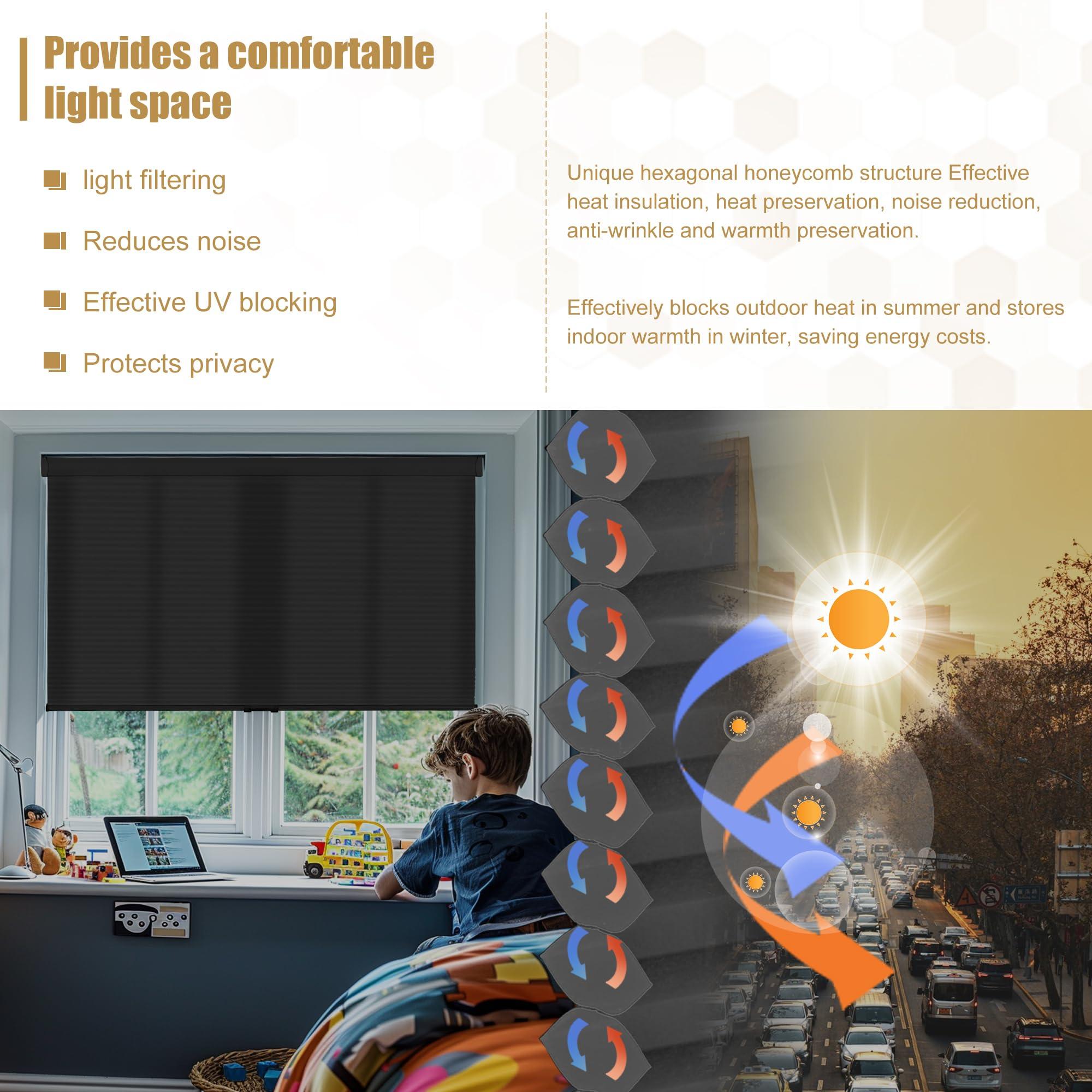 BERISSA BERISSA Light Filtering Cordless Cellular Blinds Honeycomb Shades for Windows Color-Matched Easy to Install Shade for Window, Bedroom, Office,Light Filtering Black,59" W x 48" H