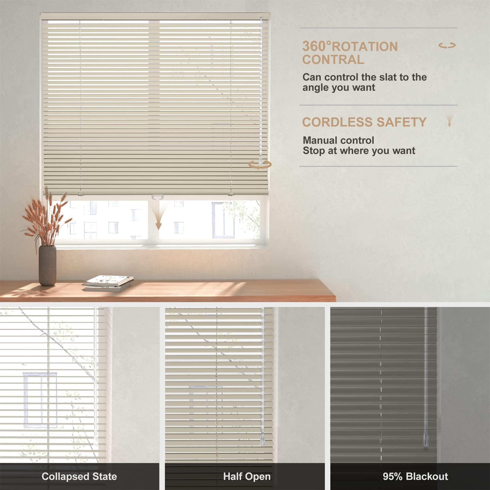 Sulugood Sulugood Aluminum 1" Cordless Horizontal Mini Blinds Window Shades Custom Room Darkening Blinds & Shades for Home Office Bathroom Living Room Beige,24" W x 64" H