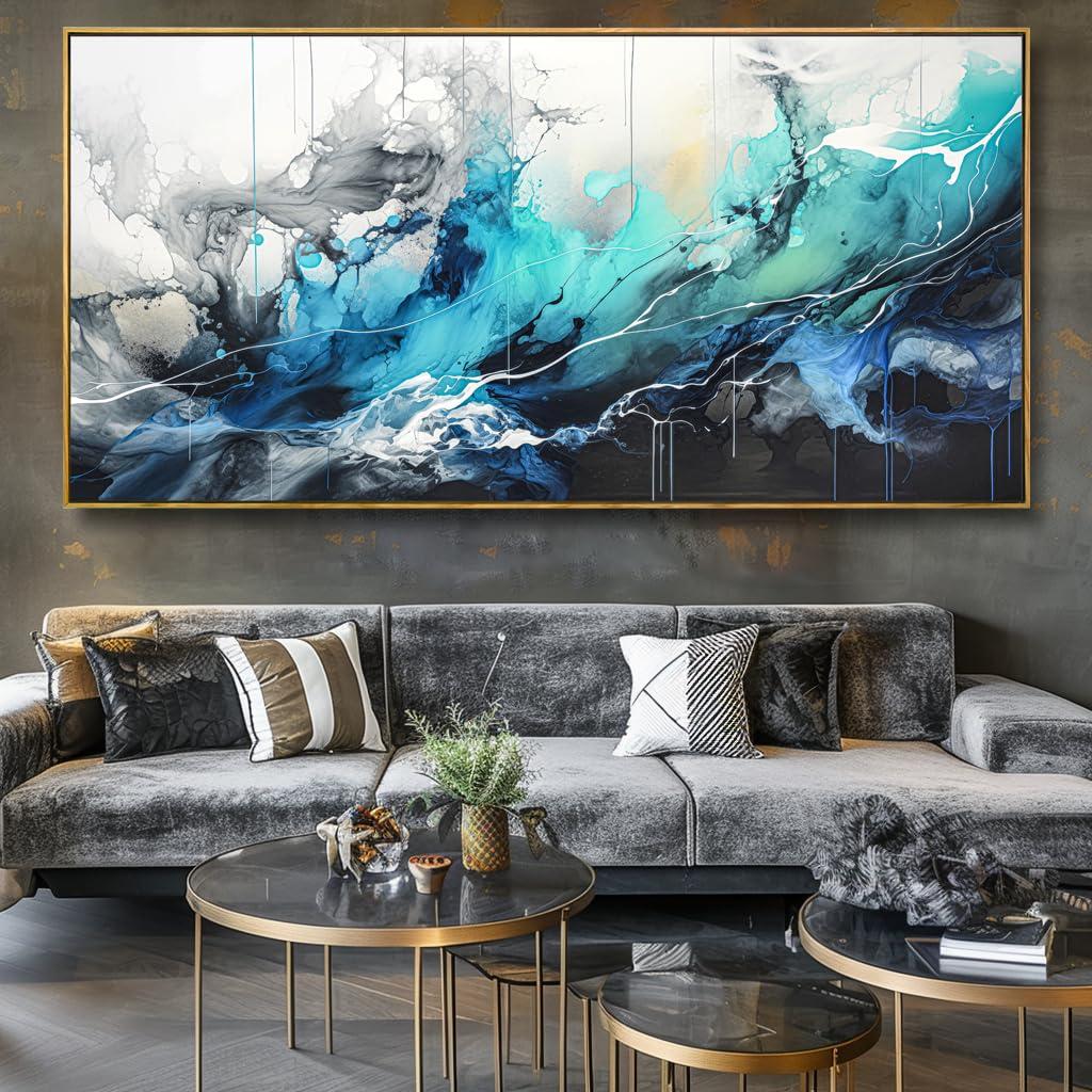 liysawg Wall Art Abstract Canvas Painting Teal Blue Modern Artwork for Living Room Bedroom Dining Room Home Office Decor 30\"x60\" with Framed