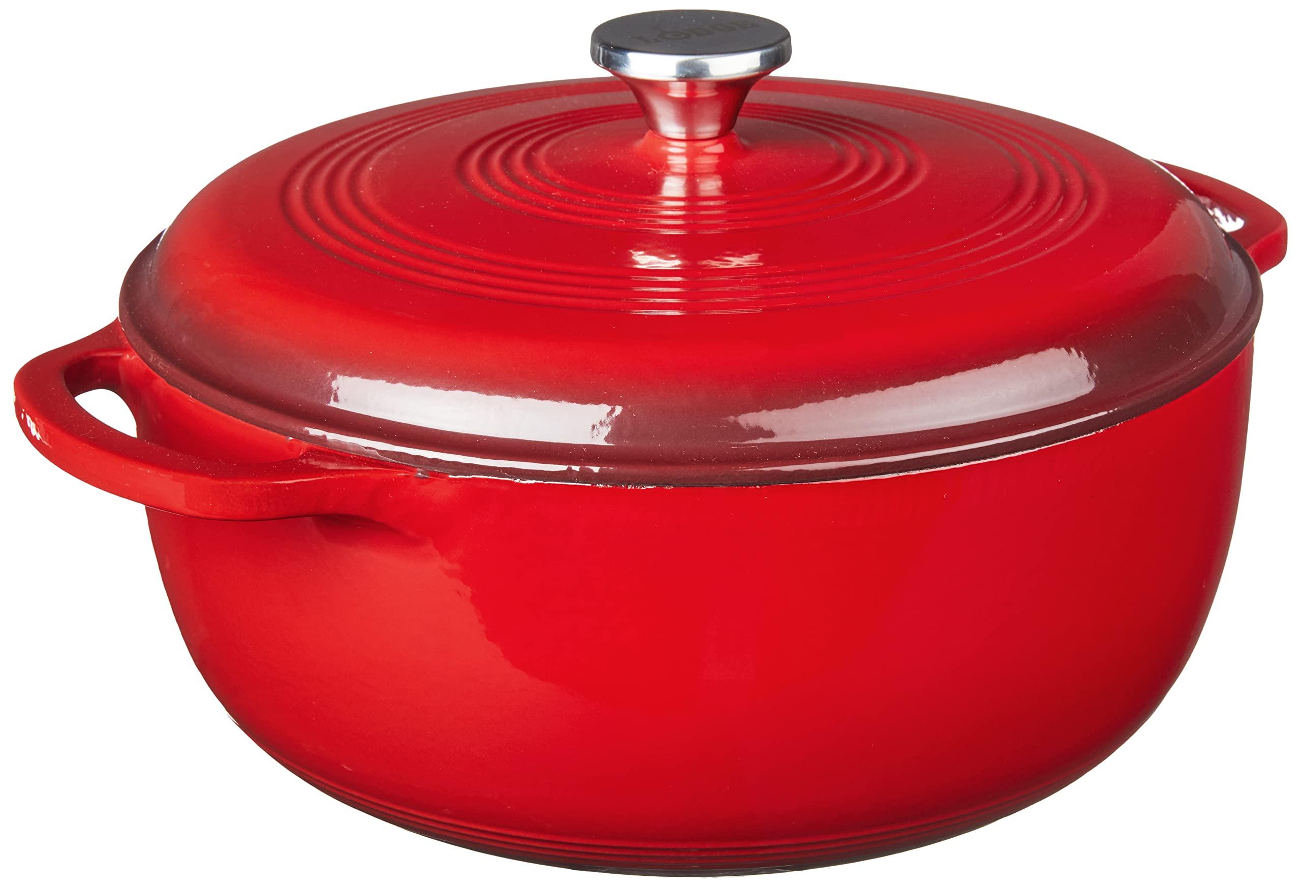 Lodge Lodge EC7D43 Enameled Cast Iron Dutch Oven, 7.5-Quart, Island Spice Red & Cast Iron Skillet with Red Silicone Hot Handle Holder, 12-inch