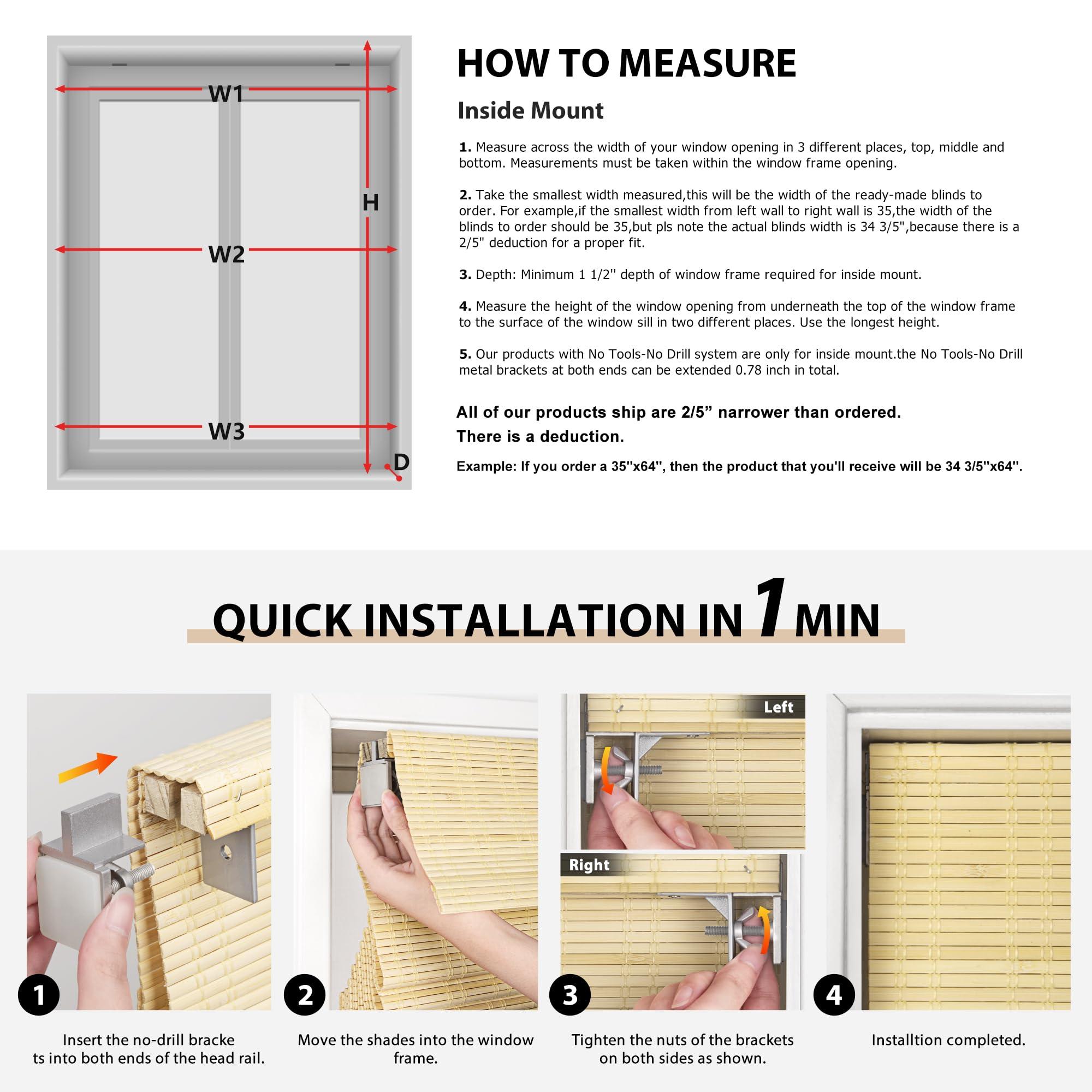 LazBlinds LazBlinds No Tools No Drill Cordless Bamboo Roman Shades, Light Filtering Window Treatment, Roll Up Bamboo Blinds for Window 39'' W x 64'' H, Whitewash B