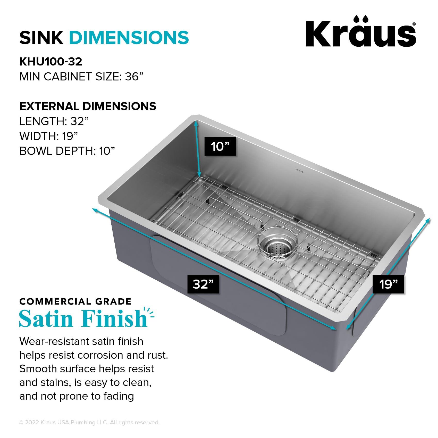 Kraus Kraus KHU100-32 Standart PRO 16 Gauge Undermount Single Bowl Stainless Steel Kitchen Sink, 32 Inch