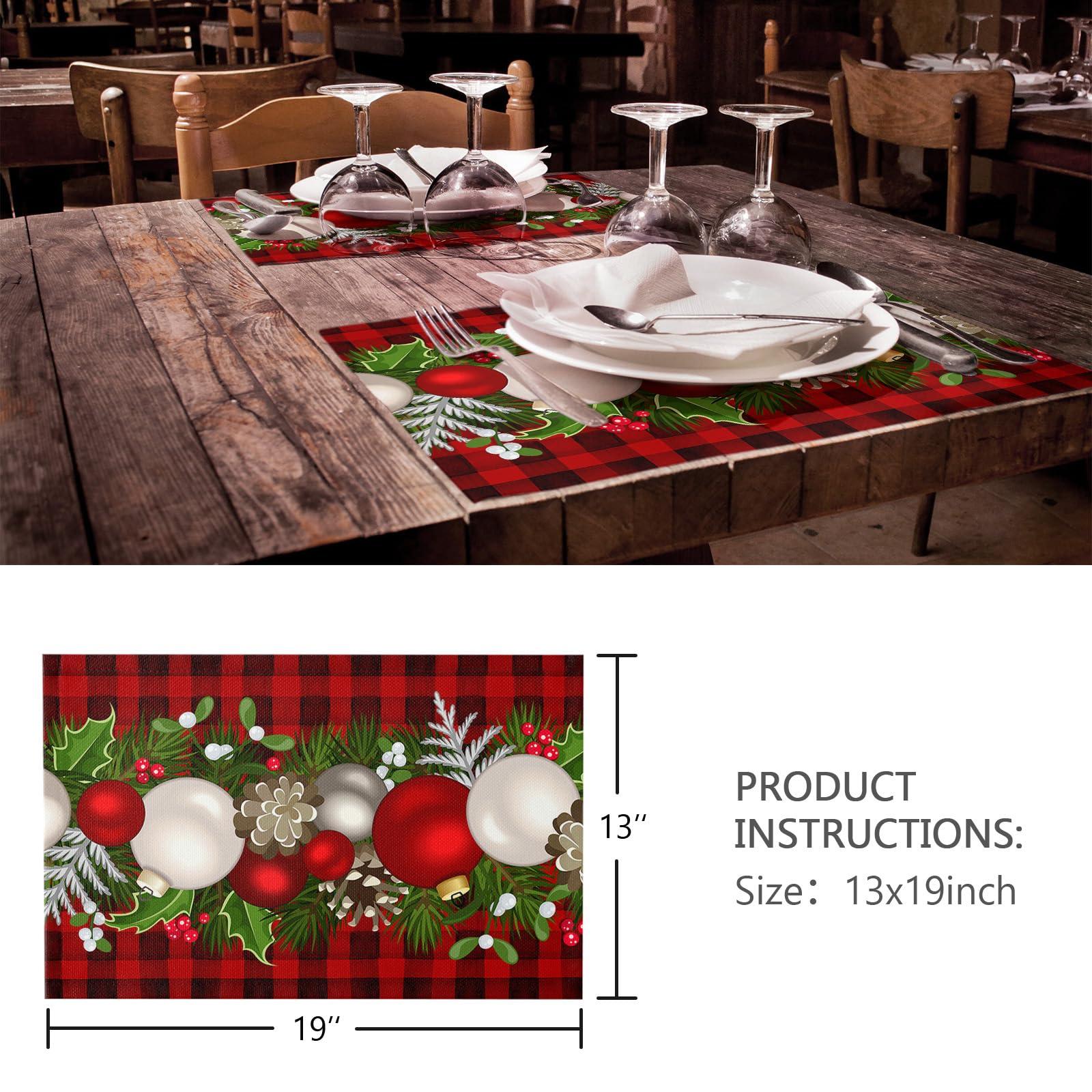 ZOE GARDEN Plaid Christmas Balls Placemats for Dining Table Set of 4, Cotton Linen Cloth for Square/Rectangle/Round Table Mat Placemat, Kitchen Dinner Holiday Dcor Red Black Buffalo Pine Cones Berries