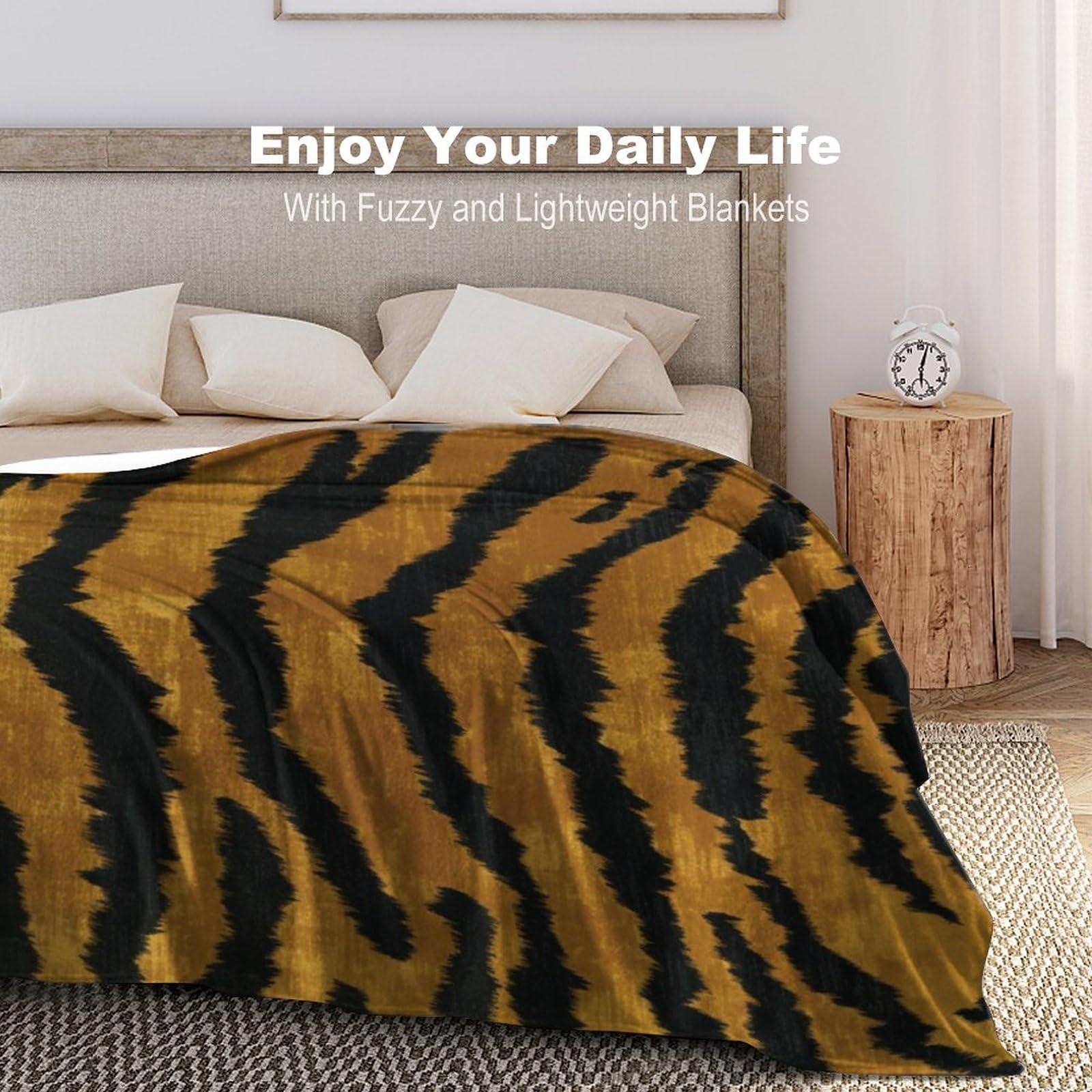 MangGou MangGou Brown Gold Black Tiger Print Bed Blankets Animal Print Tiger Stripes Fleece Blanket Chinoiserie Style Warm Throw Blanket for Bed Sofa for All Seasons 70x80in Winter Christams Gift