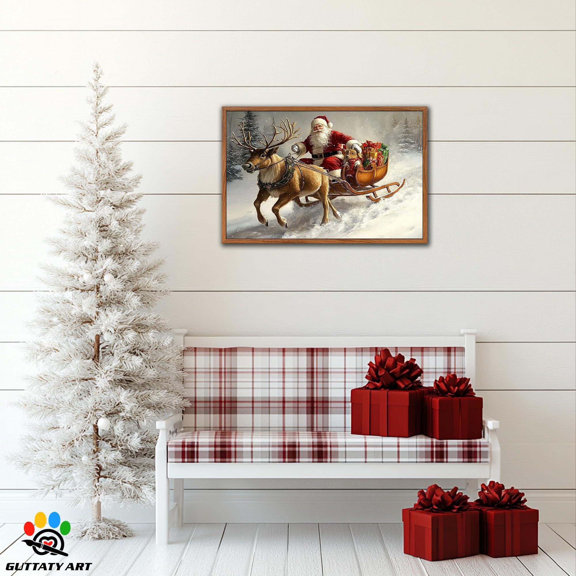 GUTTATY Christmas Santa Pictures Canvas Prints, Funny Christmas Eve Canvas Wall Painting, Santa Claus Rides a Reindeer Sleigh Hanging Artwork for Living Room, Bedroom, Nursery Fake Framed,28x40 Inch