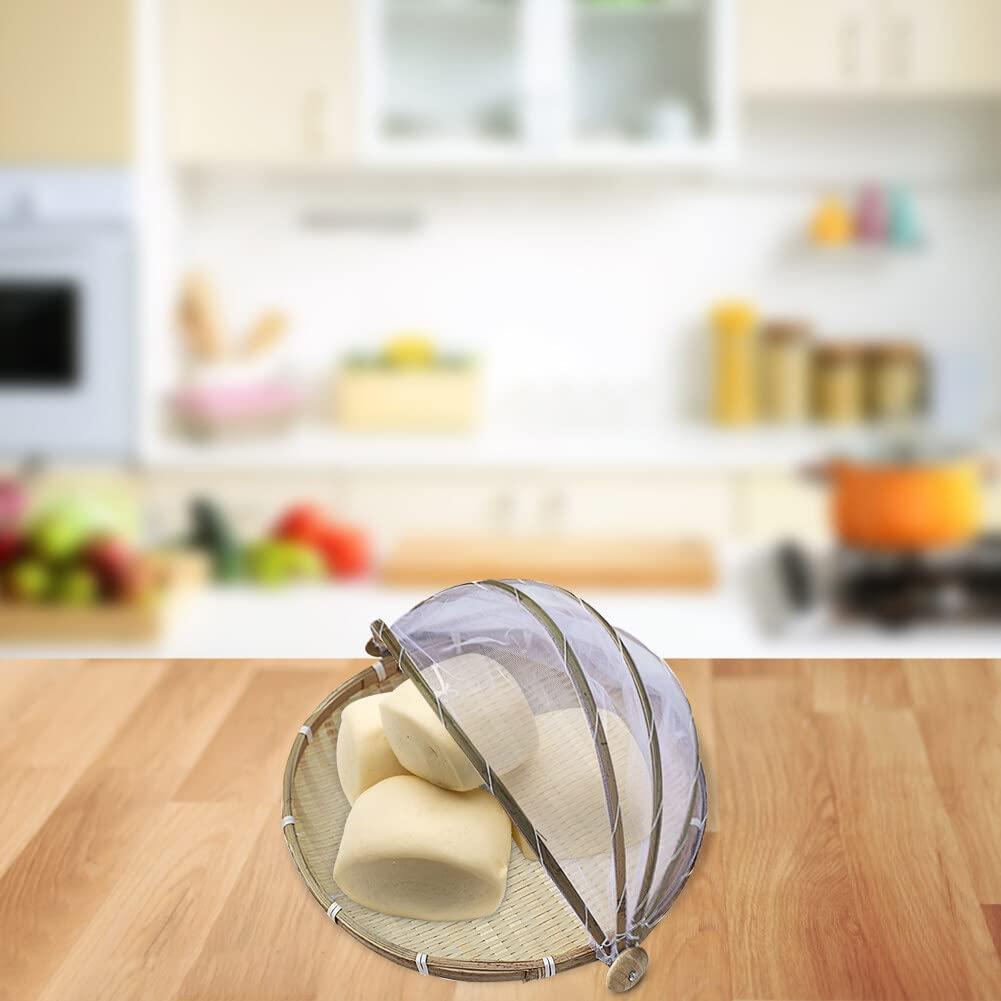 EUBUY Bamboo Food Serving Tent Basket with Cover, 1 PCS Hand-Woven Dustproof Round Picnic Basket Covered Bamboo Serving Food Tent Basket for Vegetable Fruits