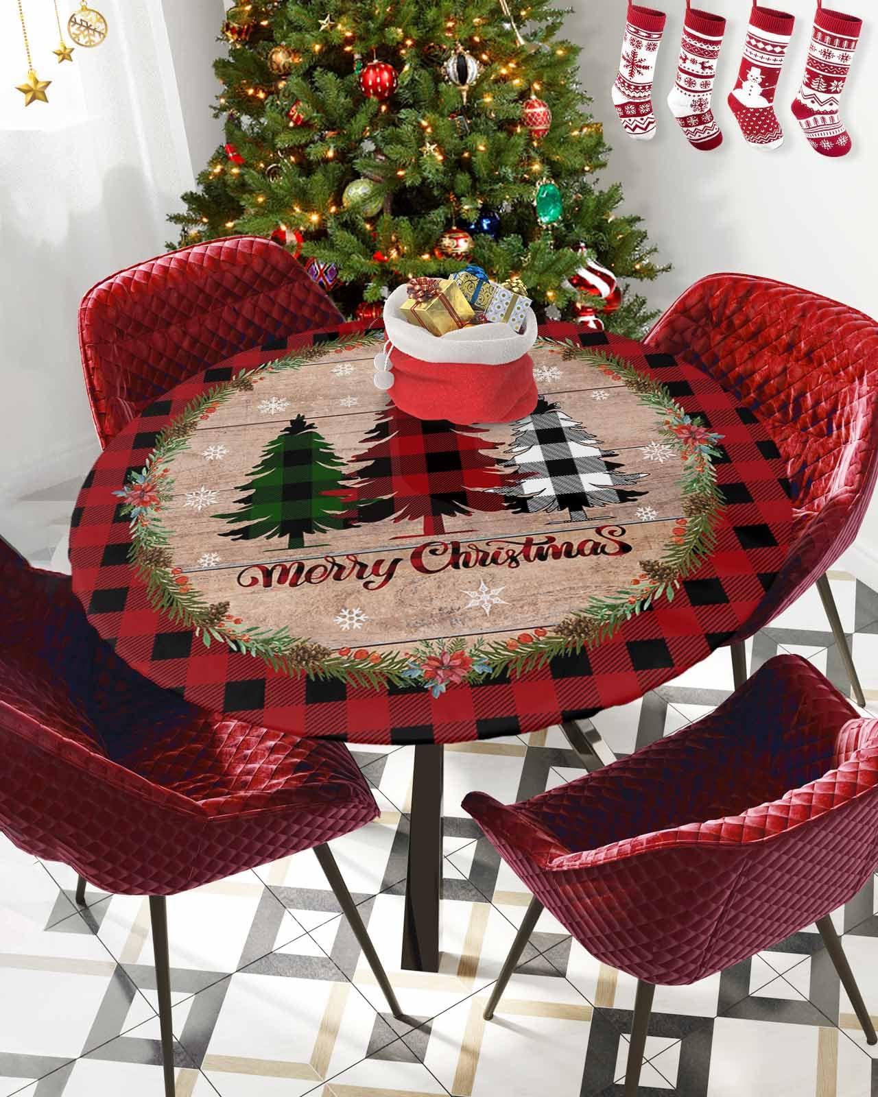 Home L6 Christmas Tree Round Fitted Tablecloth with Elastic Buffalo Plaid Pine Tree Tablecloths Holly Wood Grain Table Cover for Kitchen Dinner Xmas Holiday Party Picnic Fits Tables up to 55\"- 60\" Diameter