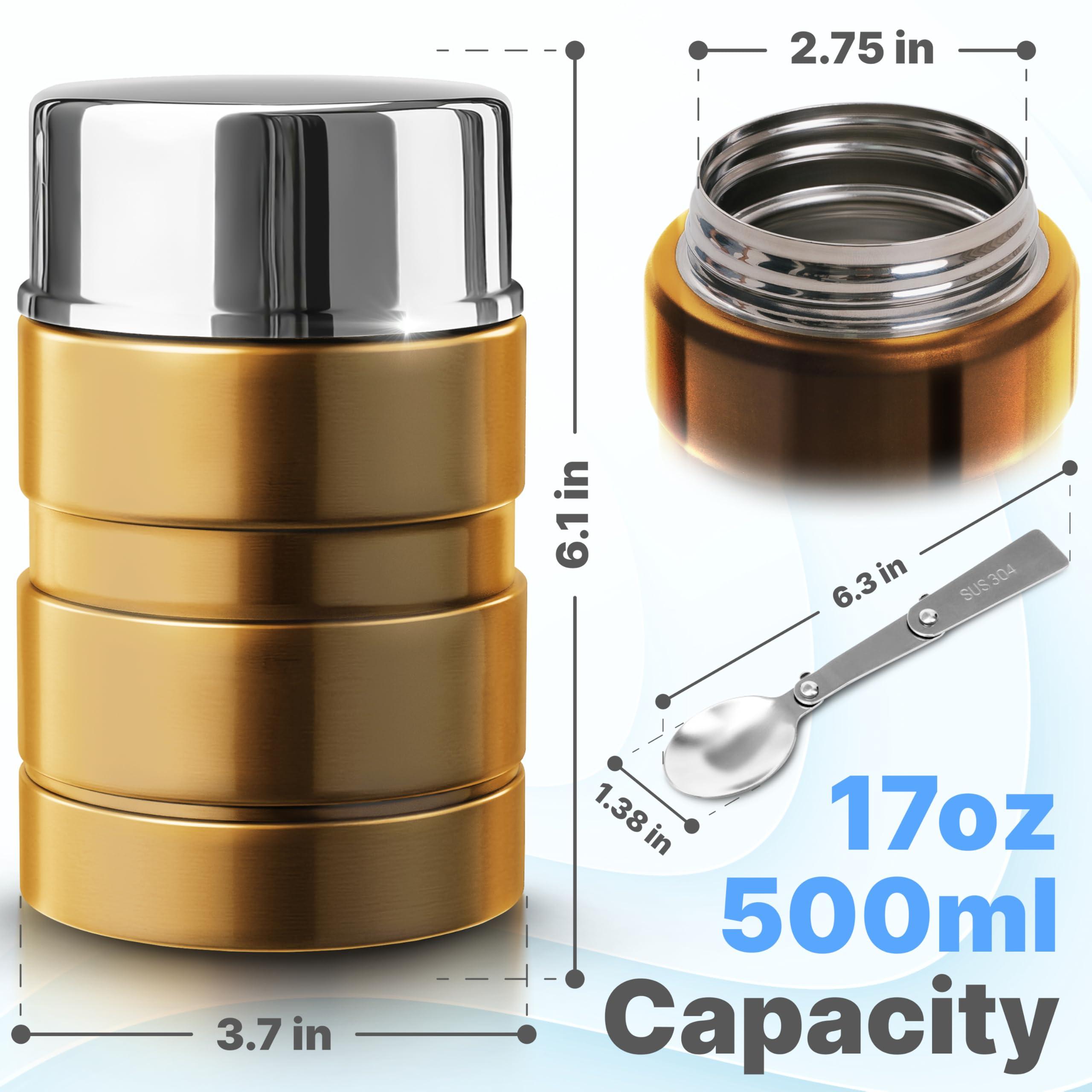 Earth&ME Earth&ME Stainless Steel Thermo For Hot Food 17OZ with Folding Spoon, Vacuum Insulated Food Container, Soup Thermo with Wide Mouth, Insulated Food Jar for Hot & Cold Food, Gold