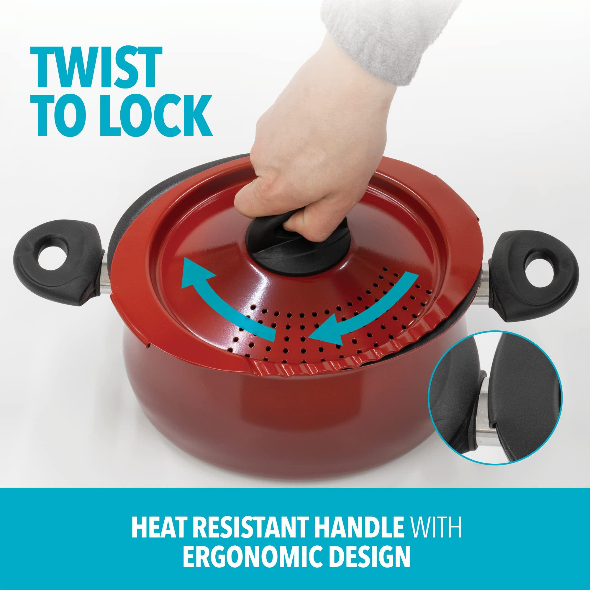 Bialetti Bialetti 5.5 Quart Pasta Pot with Strainer Lid, Red Elongated Oval Pot for Longer Spaghetti, Lasagna, Penne & Farfalle Noodles, Heat Resistant Handles & Nonstick Interior, Large Pot for Cooking