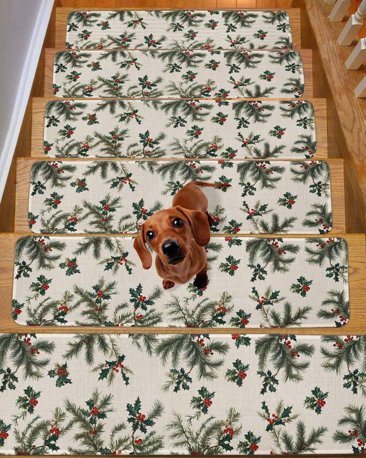 Chees D Zone Xmas Red Berry Pine Needles Stair Treads for Wooden Steps, Winter Plant Beige Linen Non Slip Stair Carpet Indoor Stair Runner Staircase Step Treads Stair Mat 8x30in 4 Pcs