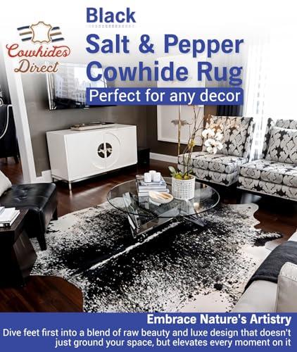 Cowhides Direct Cowhides Direct Genuine Cowhide Rug (Salt & Pepper) - Authentic Cow Rug with Non-Slip Suede Backing - Cow Rugs for Living Room, Bedroom & More - Decorative Rug (Black, 6x6 L)