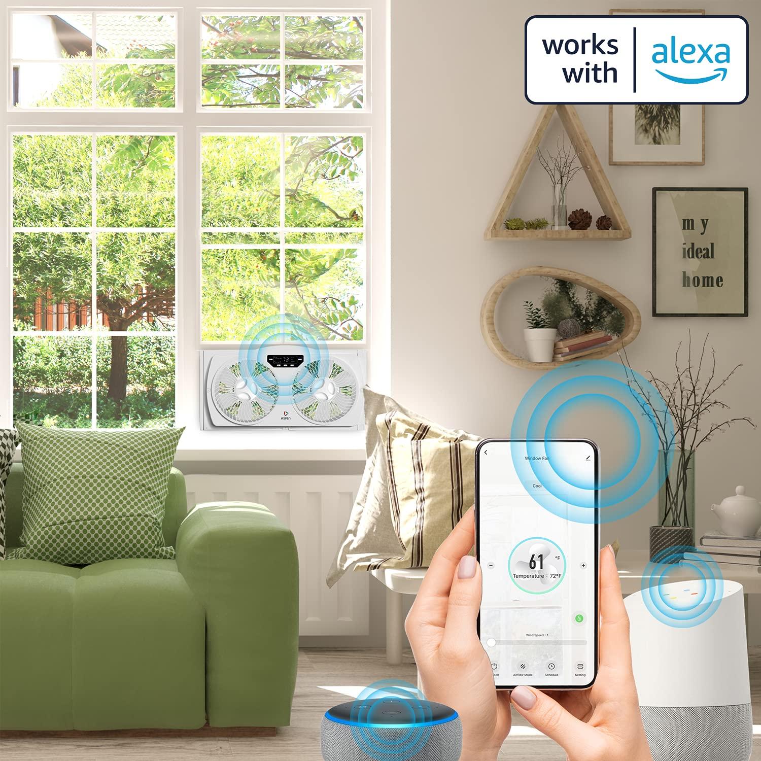 Aspen Aspen Smart Window Dual Fan | WiFi App Controlled 3 Speed + Multi-Function Detachable Blades Easy Clean Reversible Air Flow Twin Window Fan | Compatible with Alexa, Google Assistant