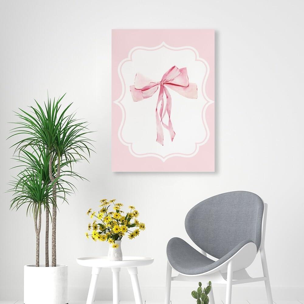 Generic Pink Bow Poster Coquette Wall Art Preppy Pink Coquette Bow Canvas Print Oil Painting Wall Art Preppy Poster Trendy Preppy Wall Art Teenage Girl Room Bedroom Wall Decoration12x18inch Unframed