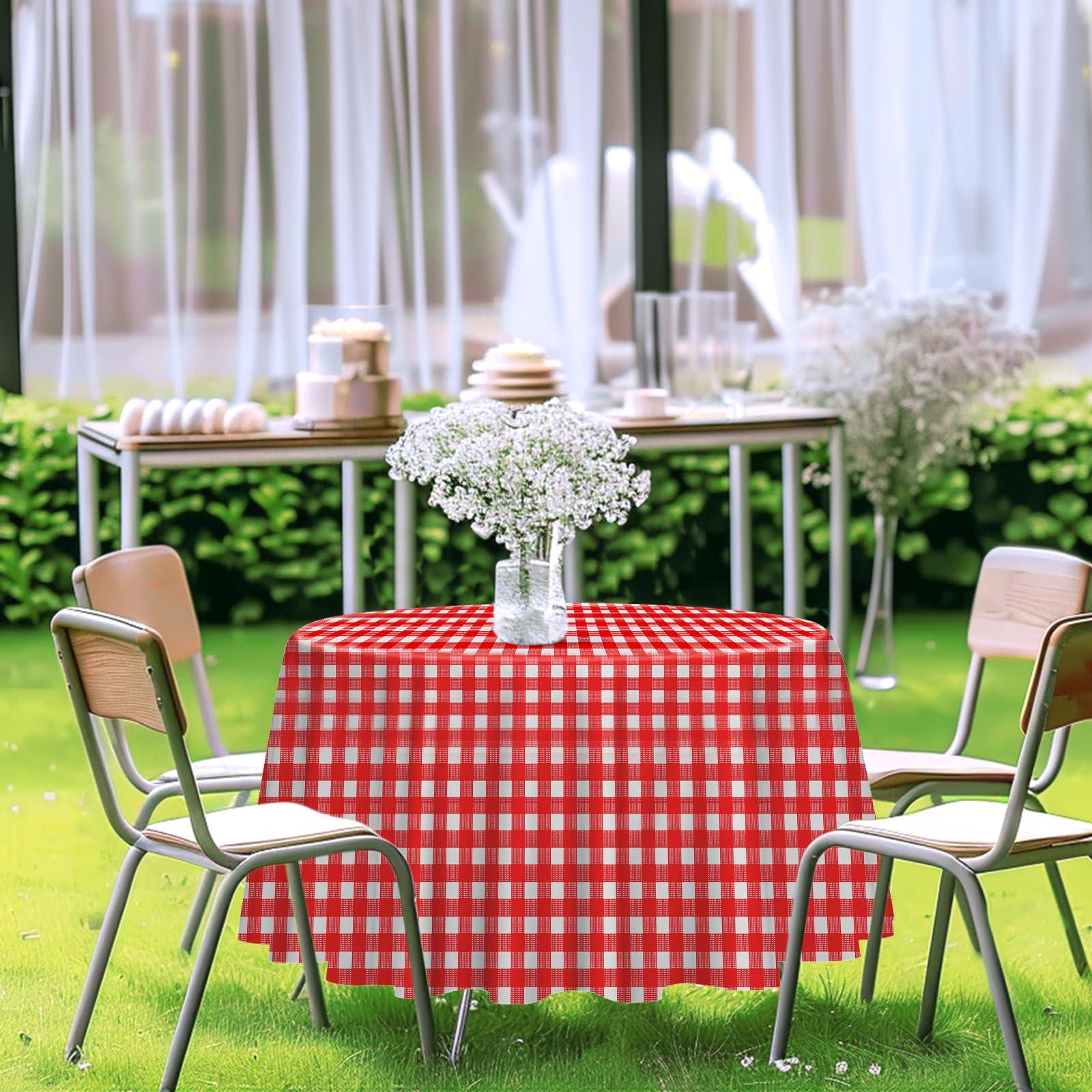RINDOJIN RINDOJIN 3 Pack Red Gingham Tablecloth Round 84 x 84 Inch Round Plastic Checkered Table Cloth Disposable Plaid Table Cover for Picnic Party Birthday Wedding Baby Shower Christmas Circle Tablecloth