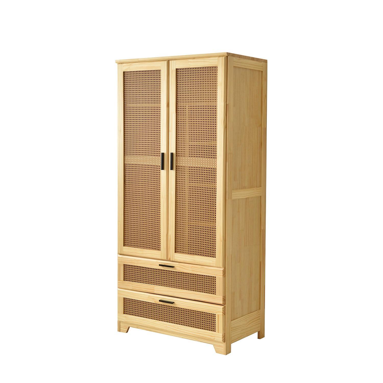 Woodpeckers Furniture And Mattress Pine Wood Closet with Rattan Doors and Two Drawers (Natural)
