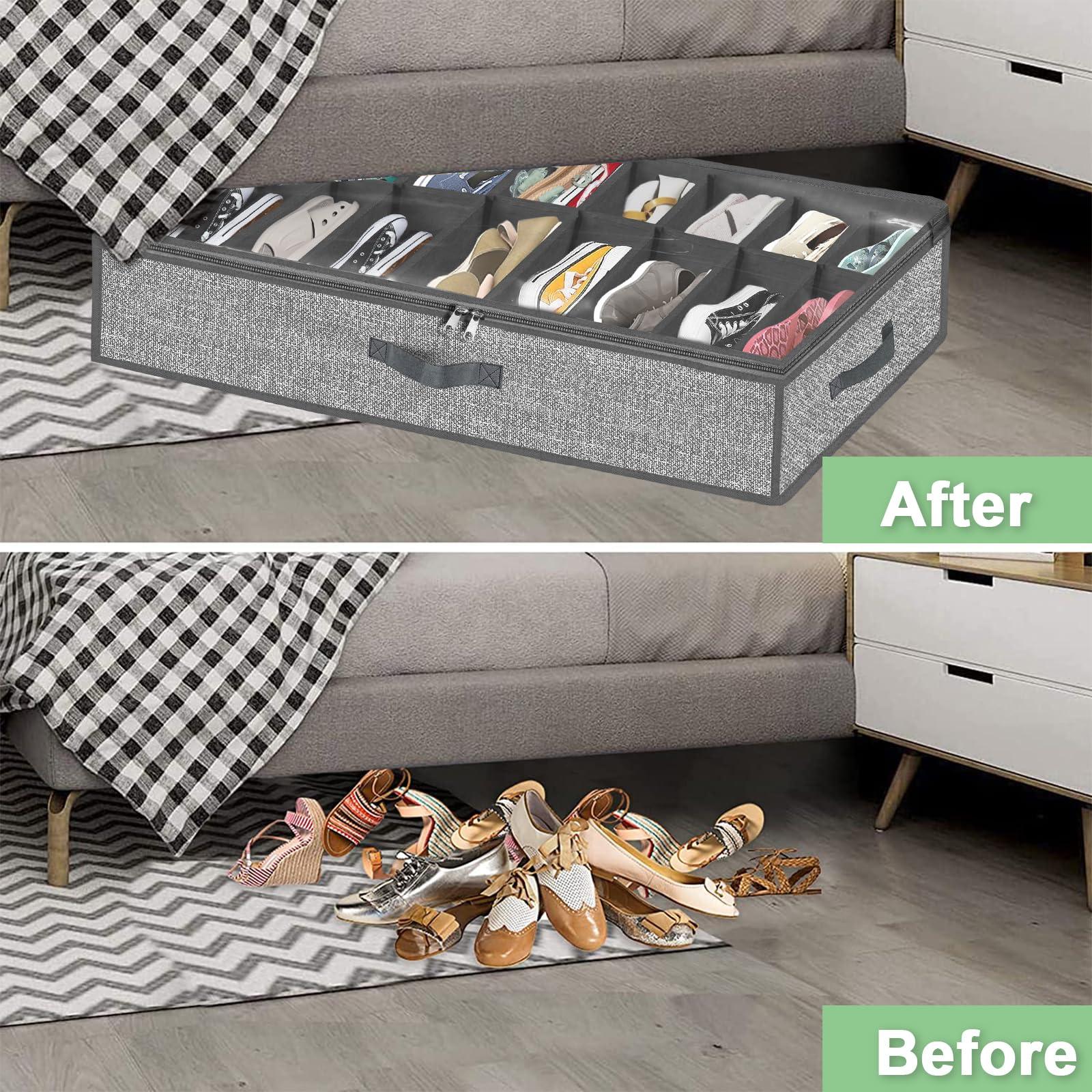 homyfort 32 Pairs Shoe Organizer Under Bed, Underbed Shoe Storage Boxes Bins, Organizador De Zapatos, Extra Large Zapateras Organizer, Grey, Set of 2