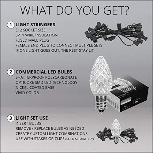 Wintergreen Lighting C7 OptiCore LED Commercial Outdoor Christmas Lights  Heavy Duty Christmas String Lights; White Wire (100 Lights, 100 ft, Red)