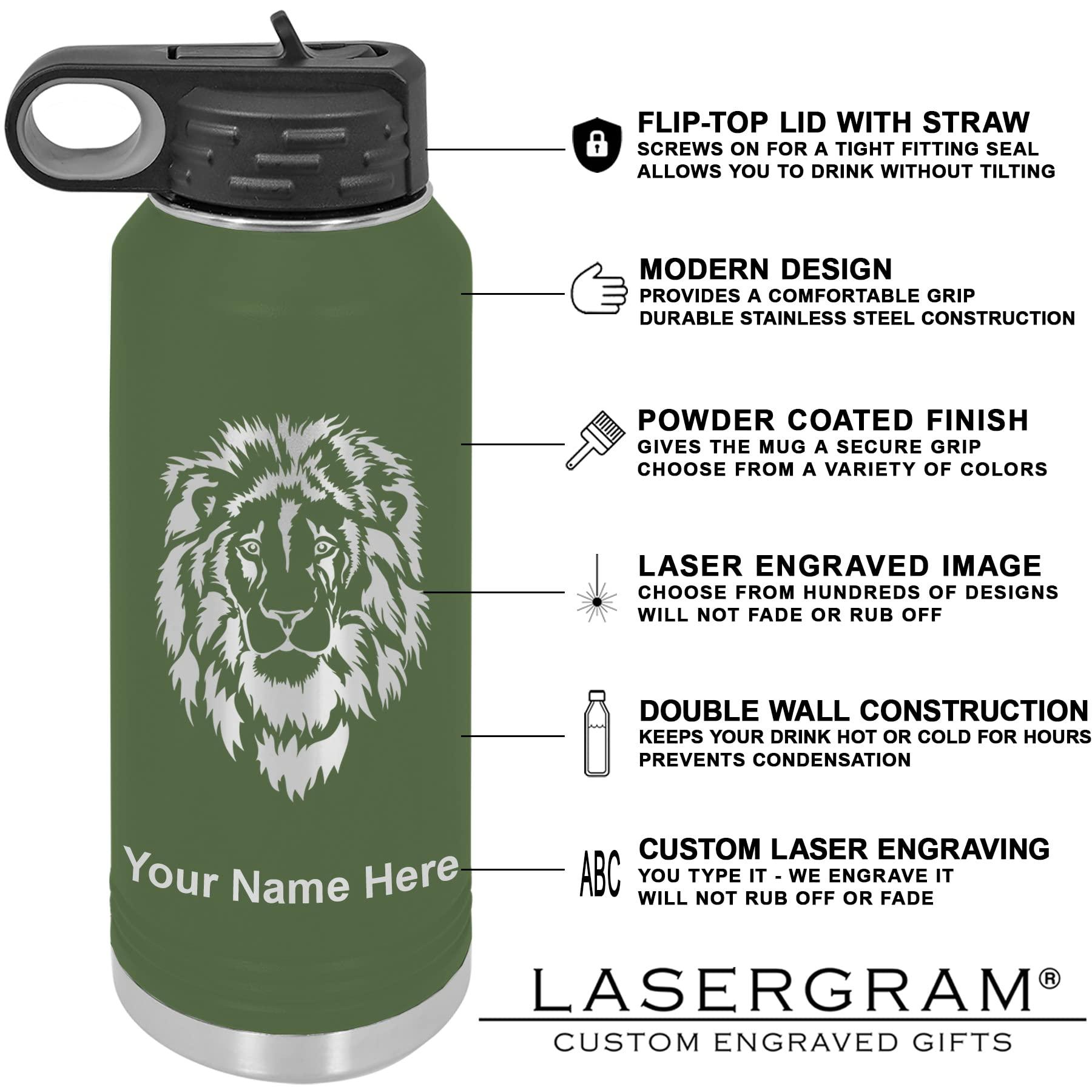 LaserGram LaserGram Personalized Water Bottle, Duck, Stainless Steel Double Wall Vacuum Insulated with Flip Top Straw, Custom Engraved Gift (32oz / 950ml Camo Green)
