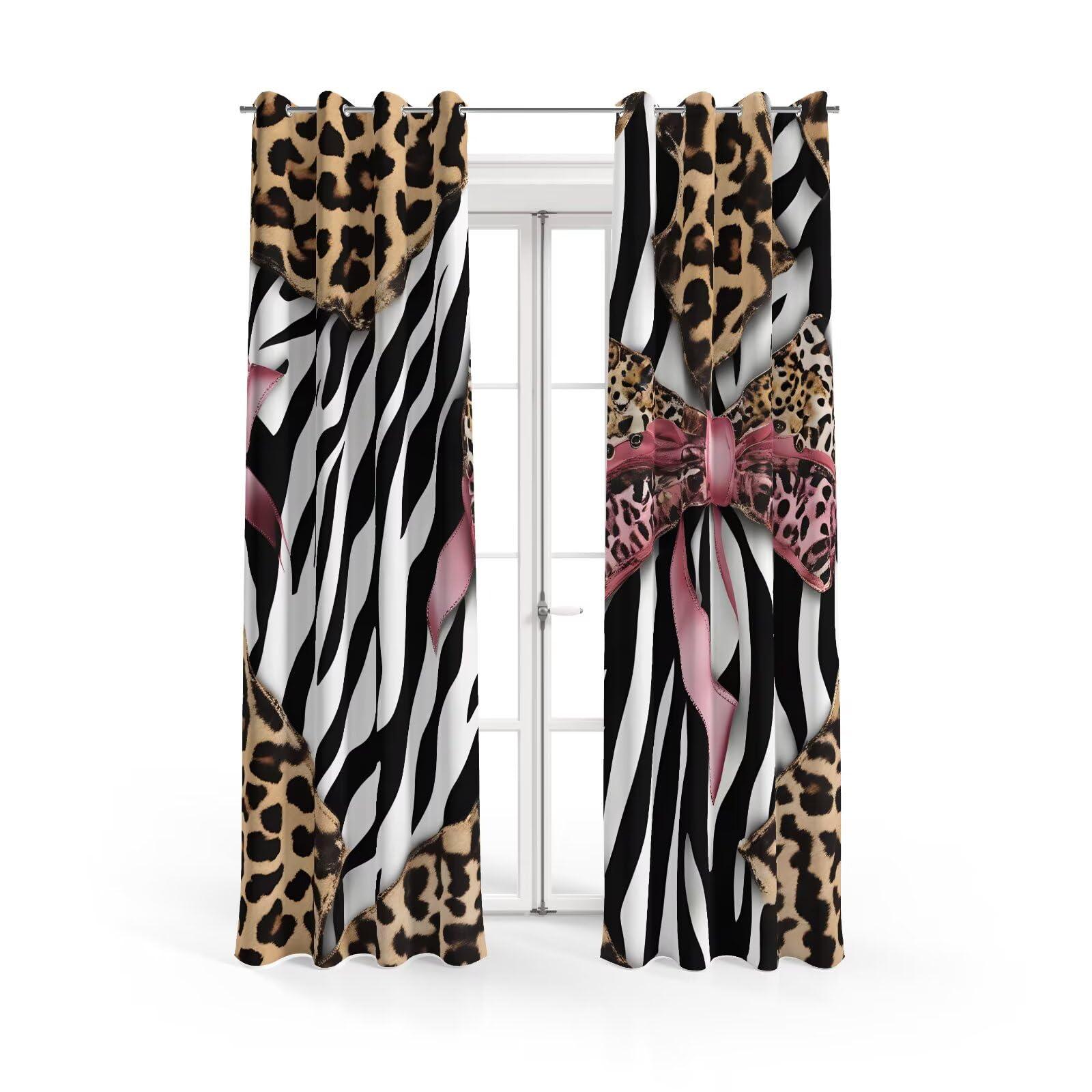 FENGLIE FENGLIE Red Bow Leopard Print Curtains Black and White Textured Blackout Curtains for Bedroom Living Room Grommets Curtains 84" W X 84" L