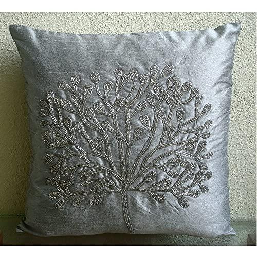 The HomeCentric The HomeCentric Cushion Cover, Silver Throw Pillows Cover Couch, Beaded Tree Pillow Cases, 14x14 inch (35x35 cm) Throw Pillow Covers, Square Silk Throw Pillows Cover, Floral - The Silver Tree