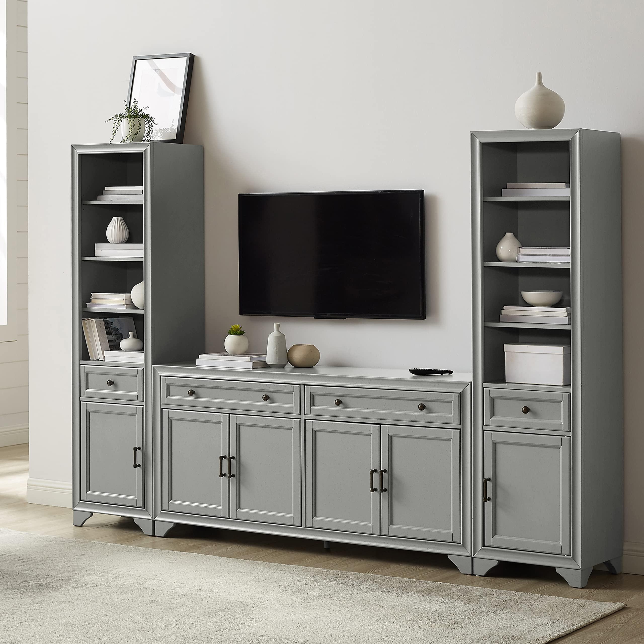 Crosley Furniture Crosley Furniture Tara 3-Piece Entertainment Center with TV Stand, Bookshelves, and Storage Shelves, Distressed Gray