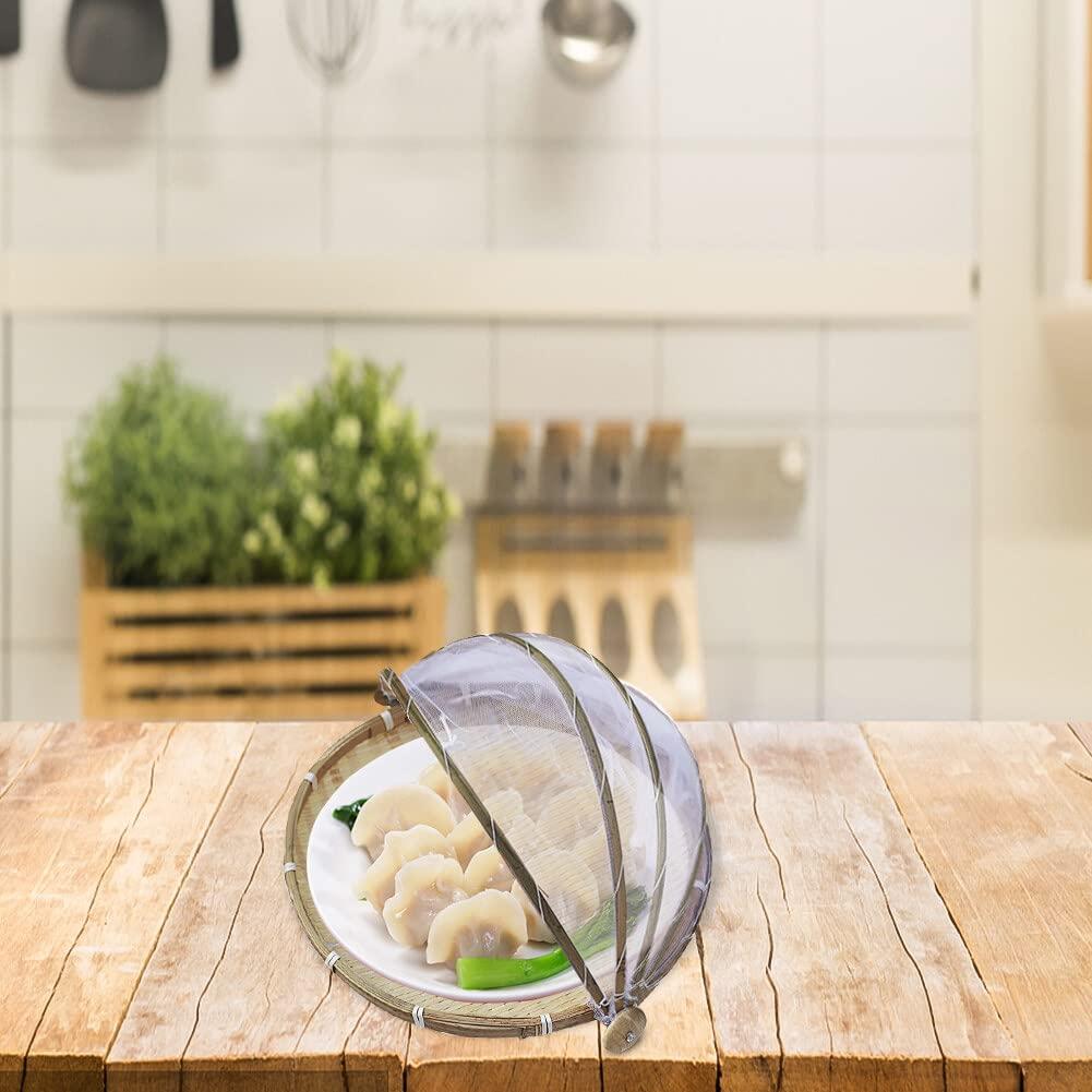 EUBUY Bamboo Food Serving Tent Basket with Cover, 1 PCS Hand-Woven Dustproof Round Picnic Basket Covered Bamboo Serving Food Tent Basket for Vegetable Fruits