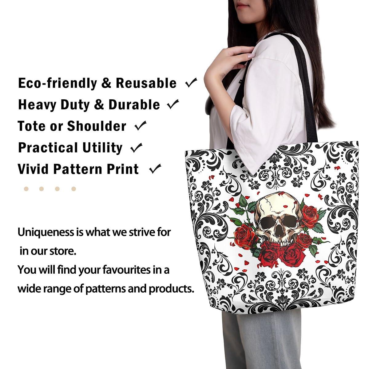 RezsoyeN RezsoyeN Skull Red Roses Canvas Tote Bag For Women Black Damask Floral Gothic Shopping Handbag Halloween Skull Skeleton Reusable Grocery Bag Goth Hippie Skull Shoulder Bag White