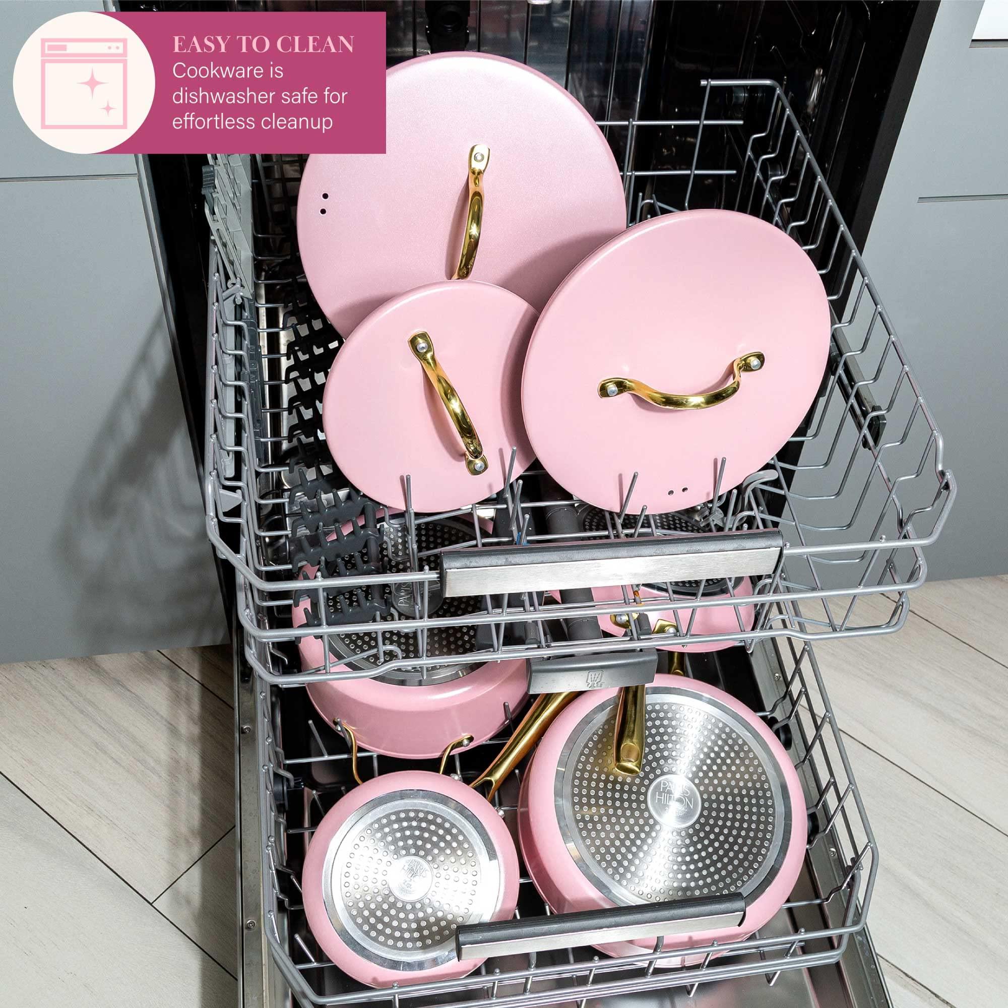 Paris Hilton Paris Hilton Iconic Nonstick Pots and Pans Set, Multi-layer Nonstick Coating, Matching Lids With Gold Handles, Made without PFOA, Dishwasher Safe Cookware Set, 10-Piece, Pink