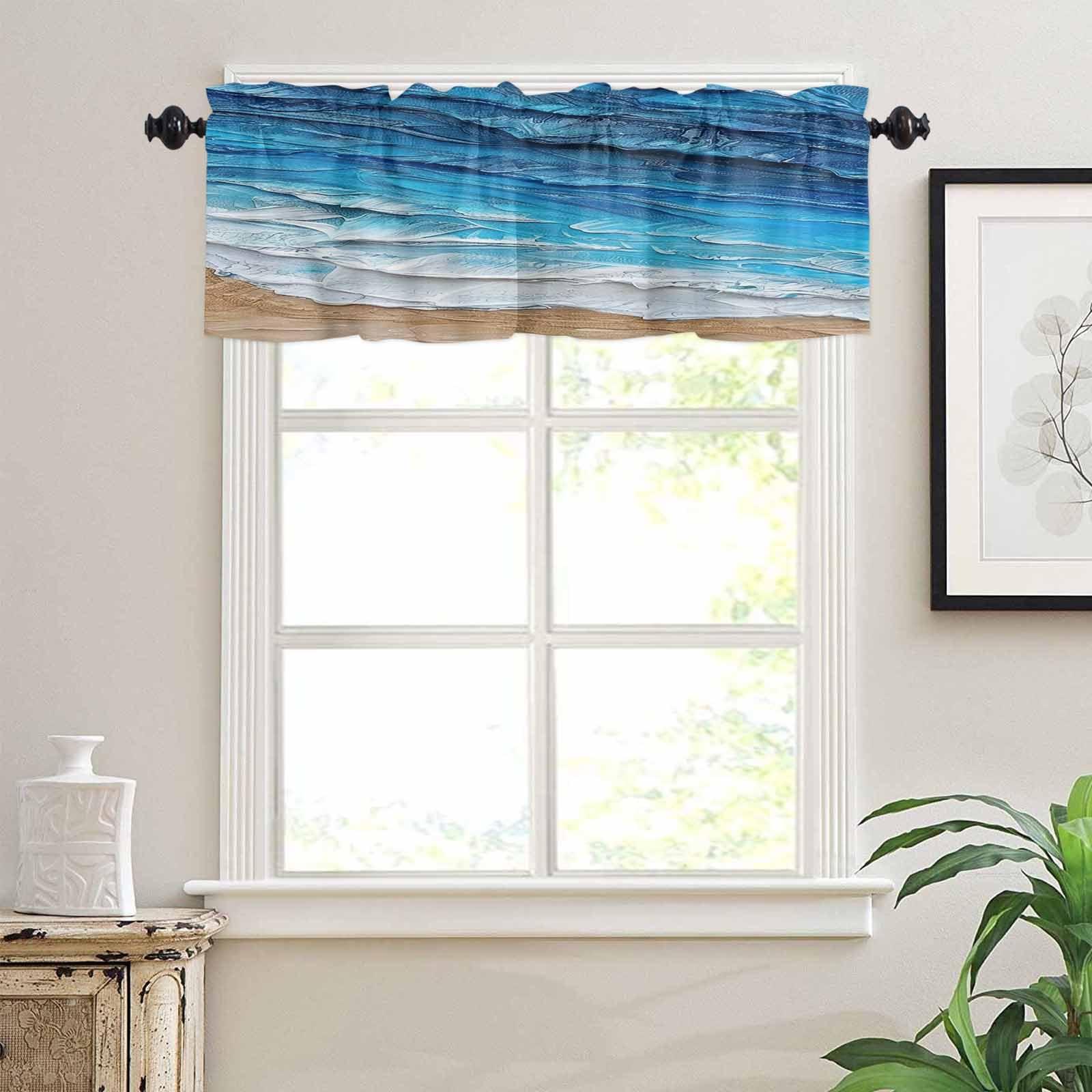 Double Love Blue Coastal Waves Valance Curtains for Living Room/Bedroom/Bathroom/Kitchen Window,Ombre Abstract Ocean Beach Minimalist Painting Rod Pocket Drape Curtains Small Cafe Drapery,1 Panel Valance 42"x12"