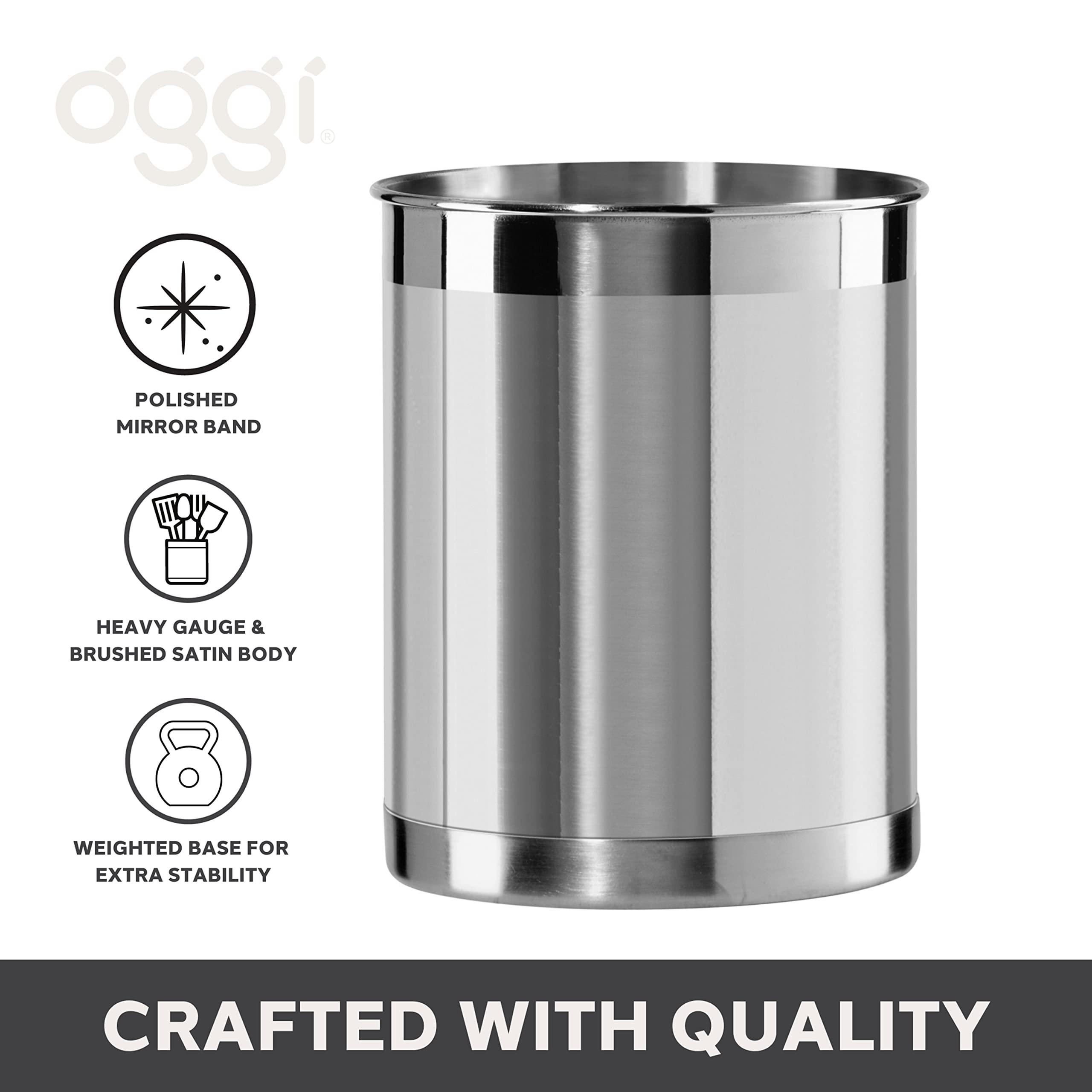 OGGI OGGI Stainless Steel Utensil Holder - 5" Diameter, Utensil Caddy, Weighted Base for Stability - Larger-Sized Utensil Crock and Countertop Utensil Organizer, Stainless Steel