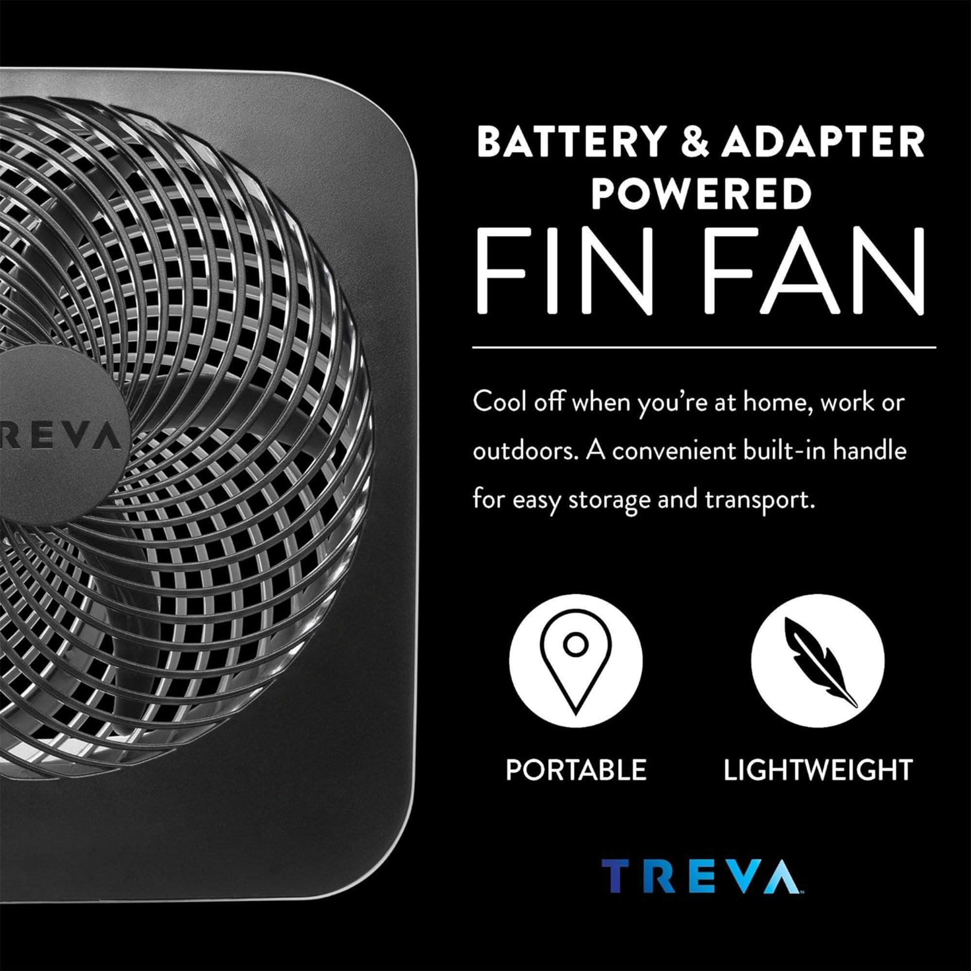 Treva Treva 10-Inch Portable Fan, Powered by Battery and/or AC Adapter - Desk Fan Air Circulating with 2 Cooling Speeds for Personal and Travel Use (Black)