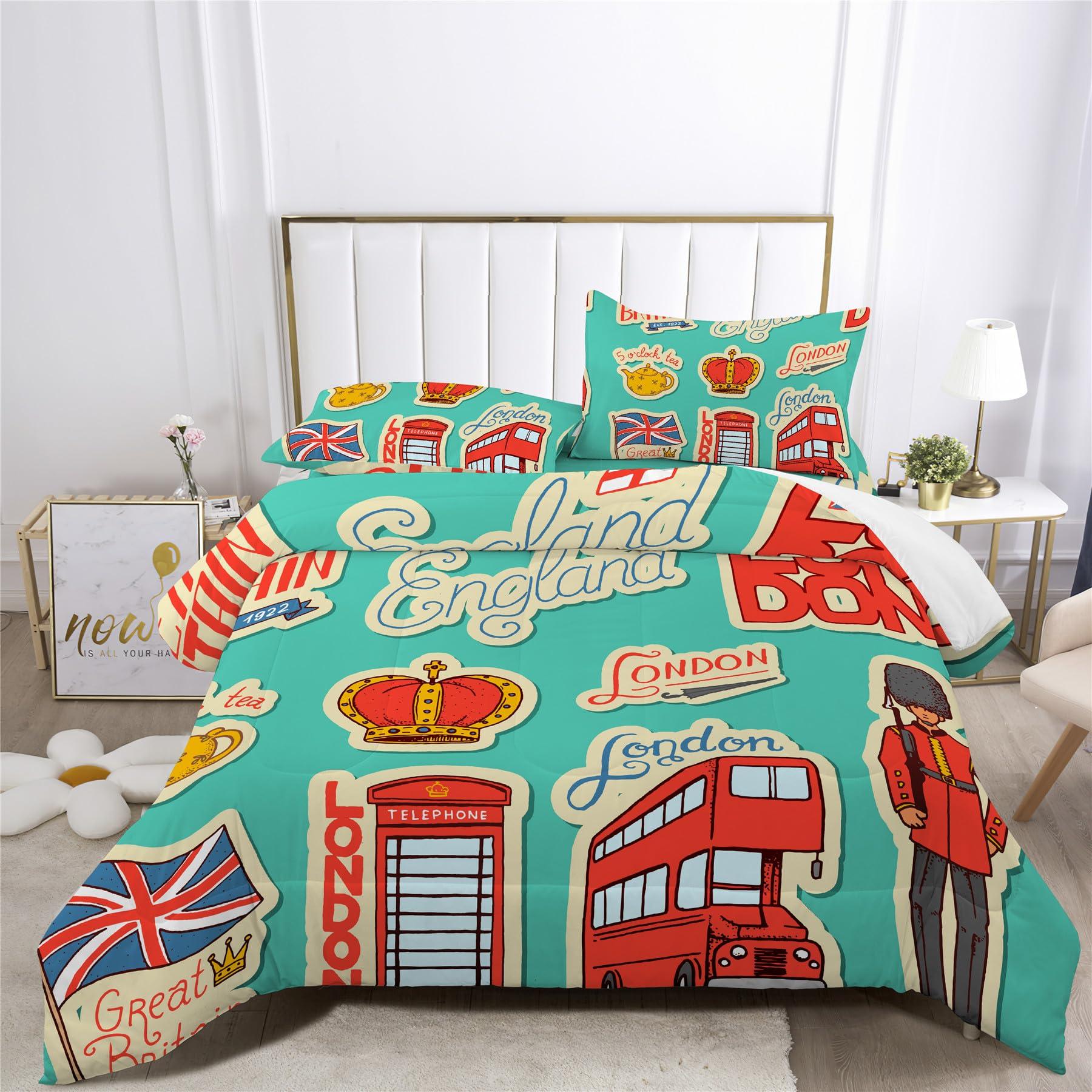 Boasorte Retro British Flag Design Comforter Set | UK Flag Big Ben Union Jack Prints Bedding Set | with Soft Comforter+2 Pillow Shams(3PCS) or Sheet (4PCS) (C,Twin-3PCS)