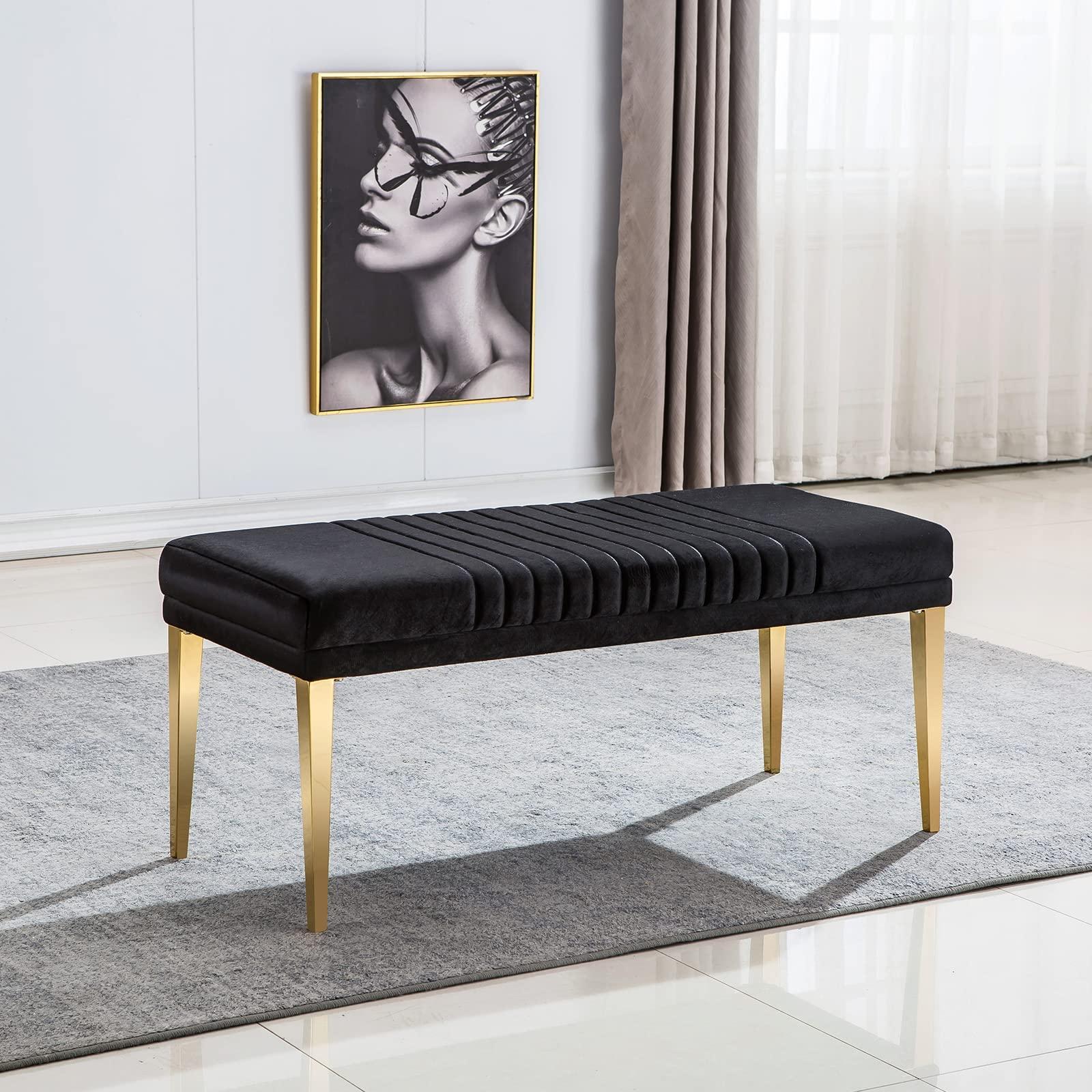 AUZ AUZ 44\" Bench, Black Velvet Upholstered Dining Room Bench, Vertical Channel Ottoman with Gold Stainless Steel Legs