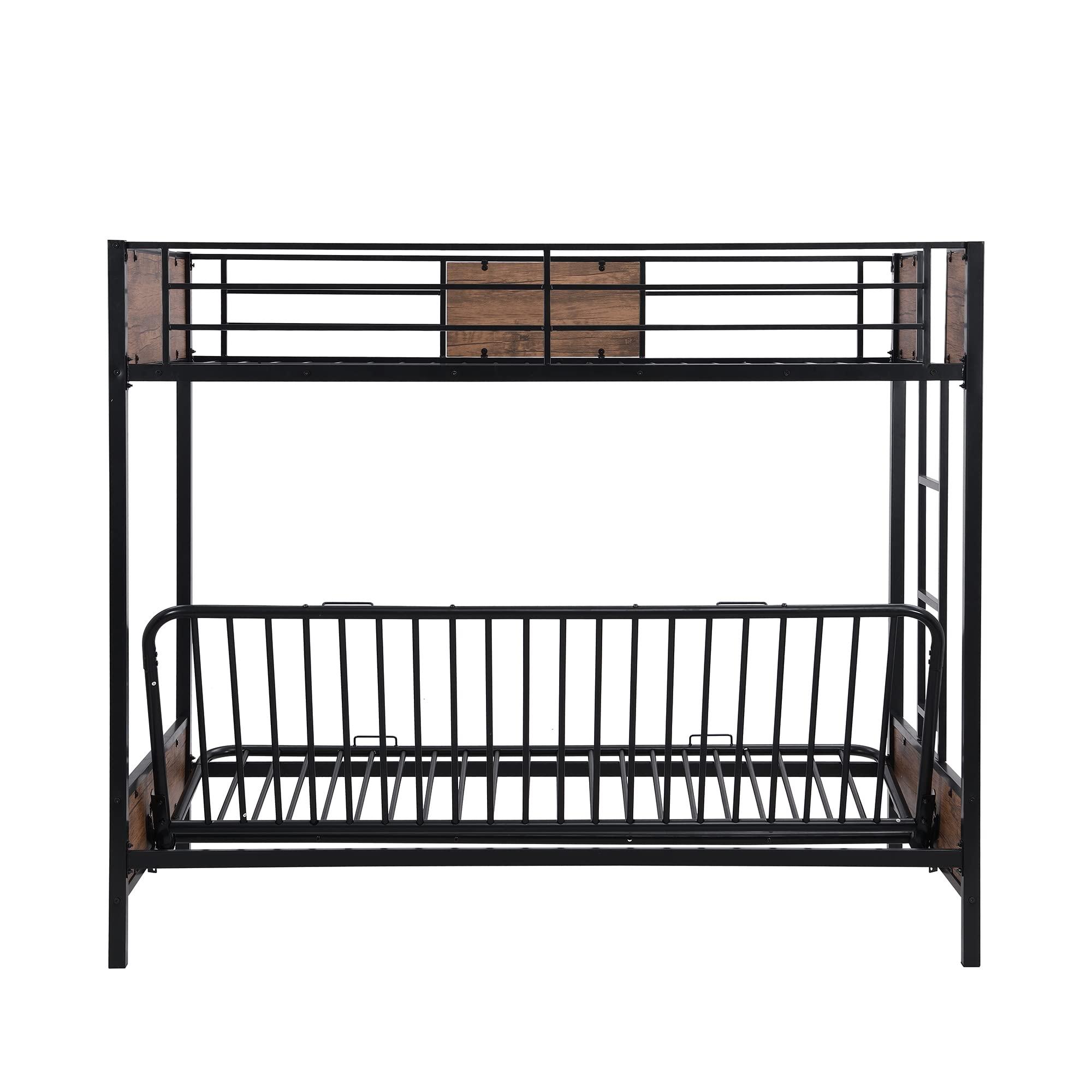 HomeLoft Basics Twin-Over-Futon Bunk Bed, Metal Futon Bunk Bed Frame with Guardrails and Ladder(Black)