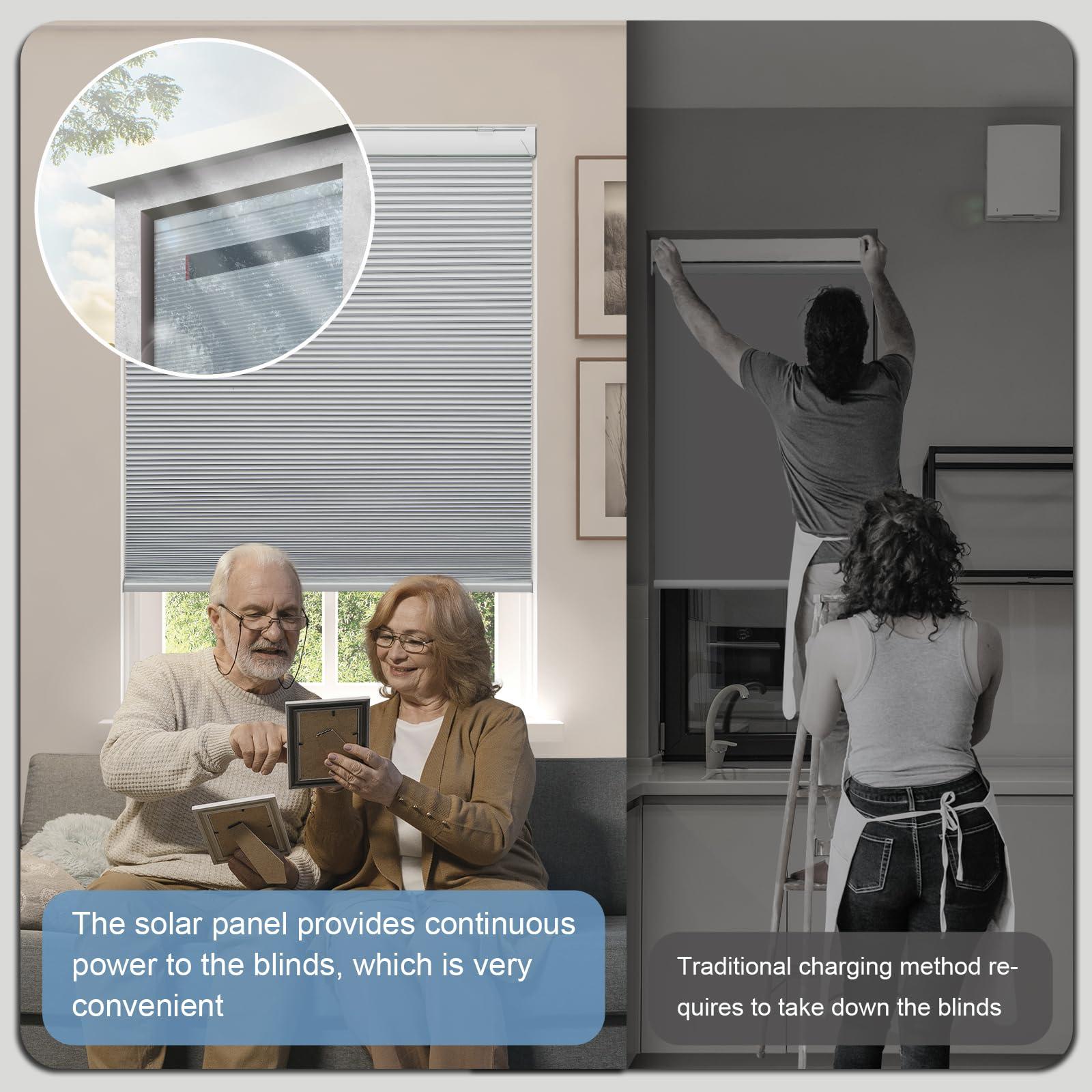 UGOODS Solar Powered Rechargeable Motorized BlindsFree Solar Panel 100% Blackout Cellular Shades with Remote, Cordless Automatic Electric Blinds, 39" Wx64 H, Grey