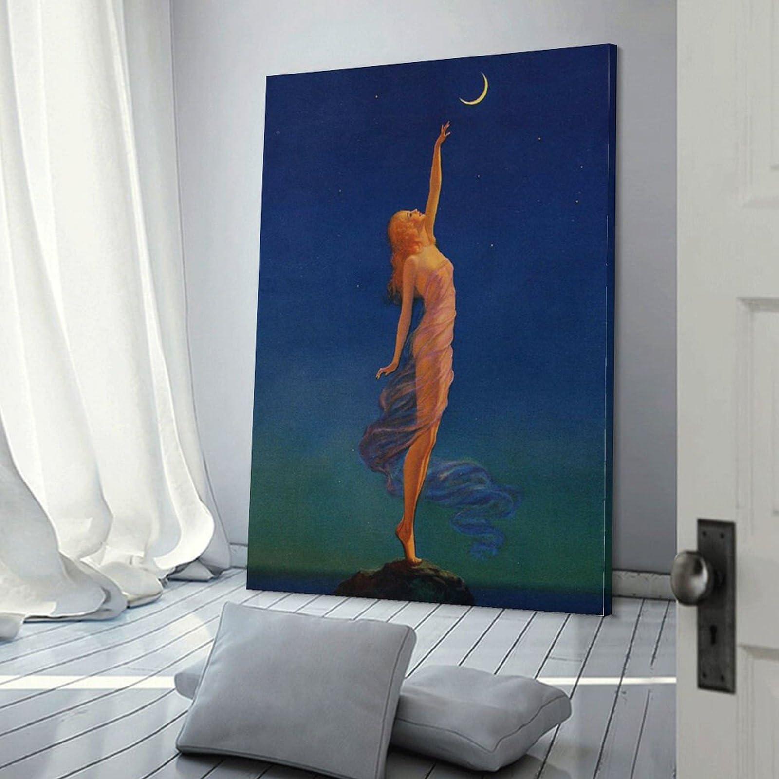 generic Maxfield Parrish Painting Reach for The Moon, Blue, Famous Vintage Painting Poster, Romantic Renaiss Wall Art Paintings Canvas Wall Decor Home Decor Living Room Decor Aesthetic Prints 08x12inch(20x30