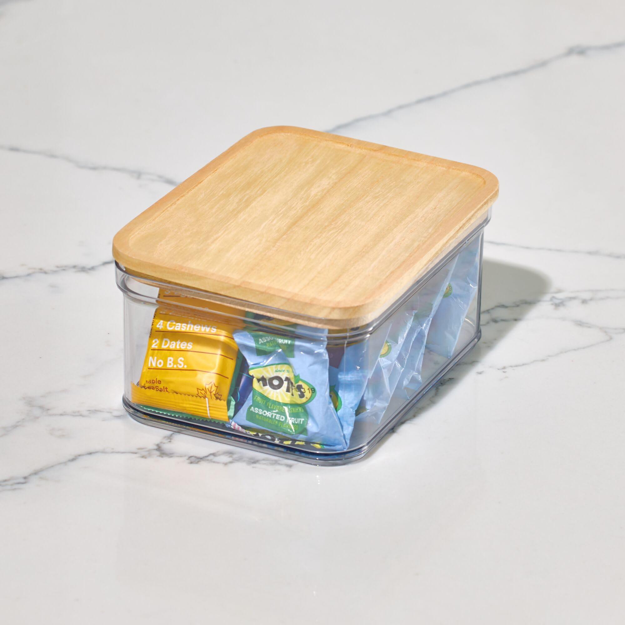 InterDesign iDesign Recycled Plastic Crisp Storage Bin with Lid, The Rosanna Pansino Collection 8.51 L x 8.51 W x 4.13 H, Clear Bin with Natural Wood Lid