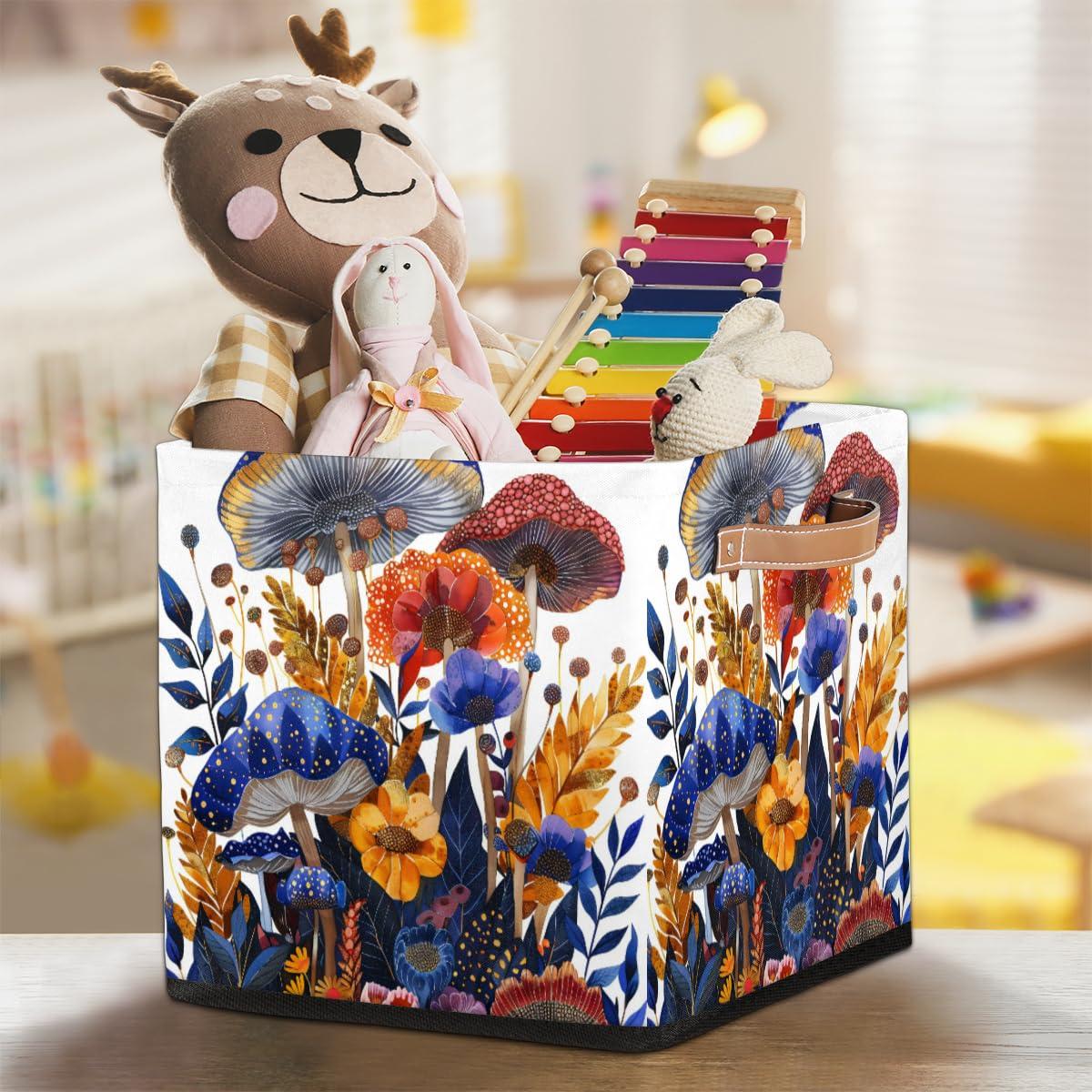 Tablerazzi Tablerazzi Mushroom Farmhouse Cube Storage Bin, 13 Inch Collapsible Fabric Storage Cube Bin, Foldable Cube Baskets for Shelf, Closet, Organizer