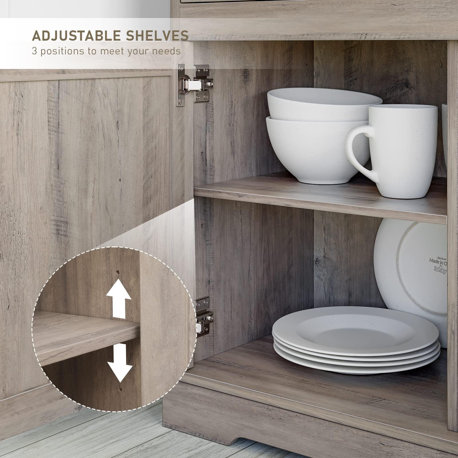 Keyluv Keyluv Buffet Storage Cabinet, Sideboard Farmhouse Server Bar Wine Cabinet with 3 Drawers & 3 Doors Adjustable Shelves Console Table for Kitchen, Dining Living Room Cupboard, Grey Wash