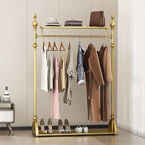 MAIKAILUN Clothing Rack Gold, Industrial Clothes Rack for hanging Clothes with Double Shelves Freestanding Multi-functional Heavy Duty Garment Rack, Metal Movable Portable Coat Rack for Organizing Clothes Shoes