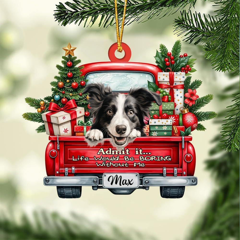 FAMITRENDZ FAMITRENDZ Personalized Border Collie Dog On Red Truck Ornament, Custom 2D Flat Shape Border Collie Dog Name Ornament, Dog Christmas Ornament, Dog Lover Gift, Christmas Tree Decor