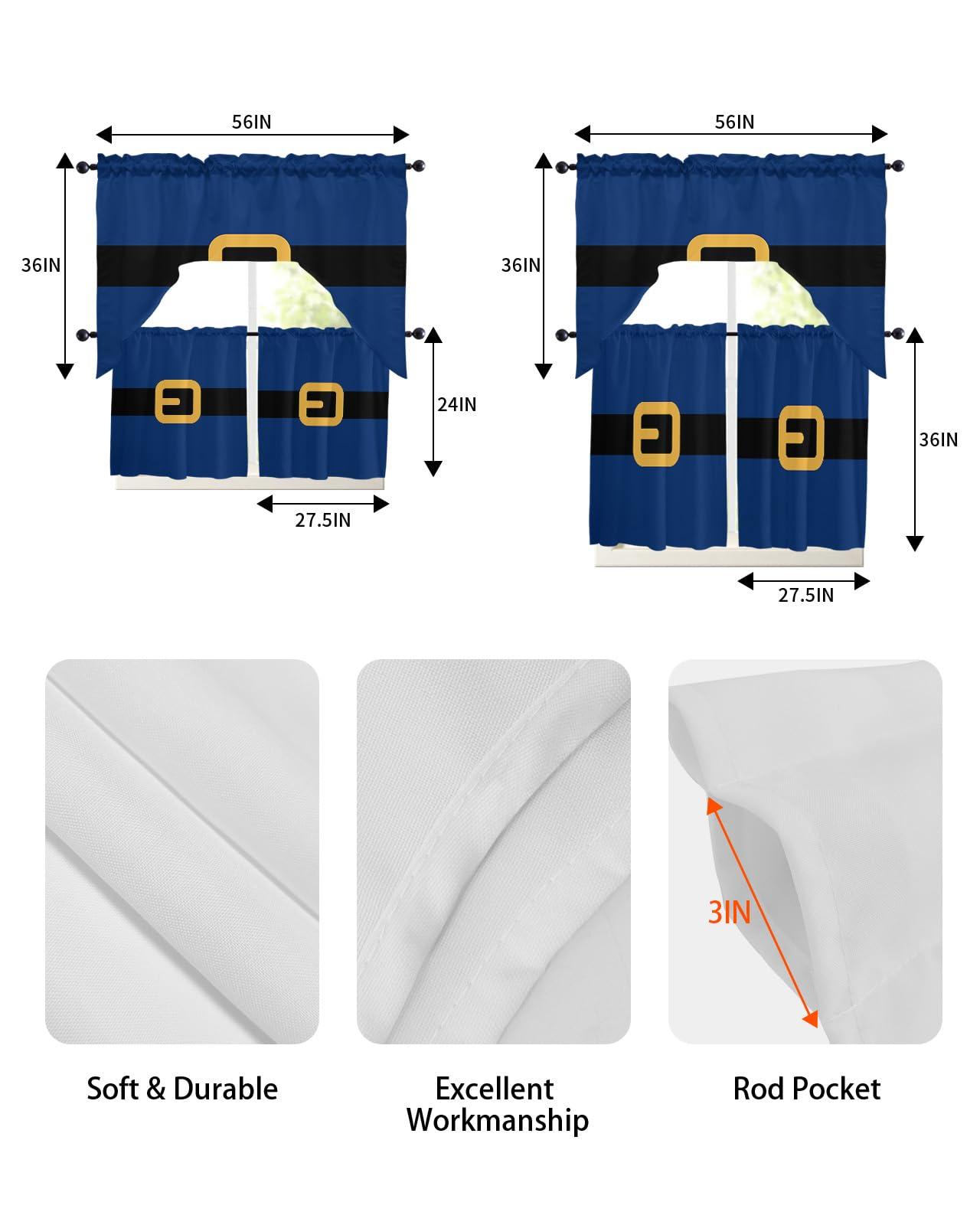 AMZRicher AMZRicher Santa Claus Belt Kitchen Curtains Swag Valance and Tier Curtains Set 36 Inch Length, Merry Christmas Navy Blue Rod Pocket Drape Panels Pair Swag Curtains for Bathroom/Cafe/Window