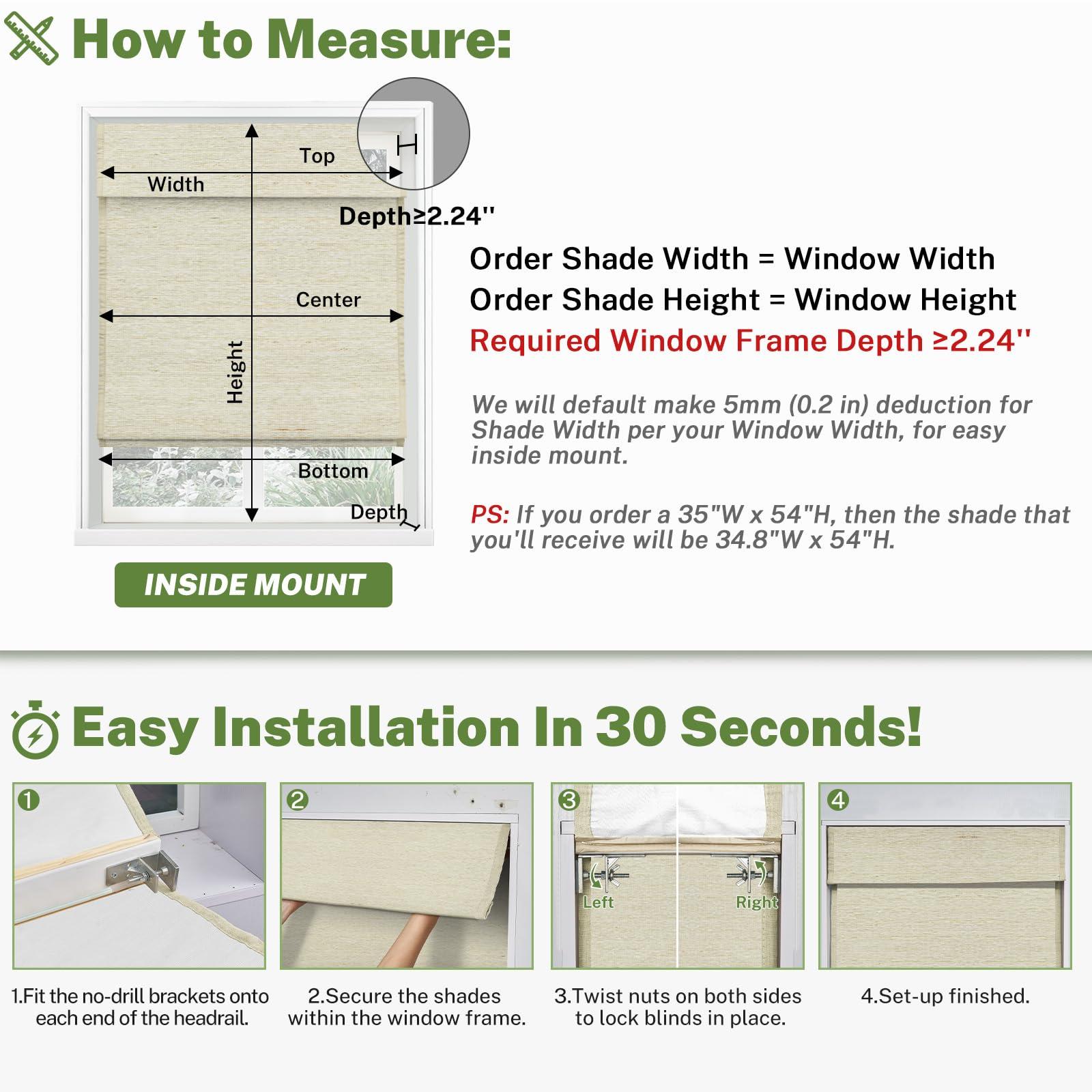 MiLin MiLin No Tools No Drill Natural Ramie Cordless Roman Shades for Windows Blackout, Custom Privacy Linen Roman Window Shades, Easy to Install Blackout Blinds for Home Kitchen (Tan, 52" W x 48" H)