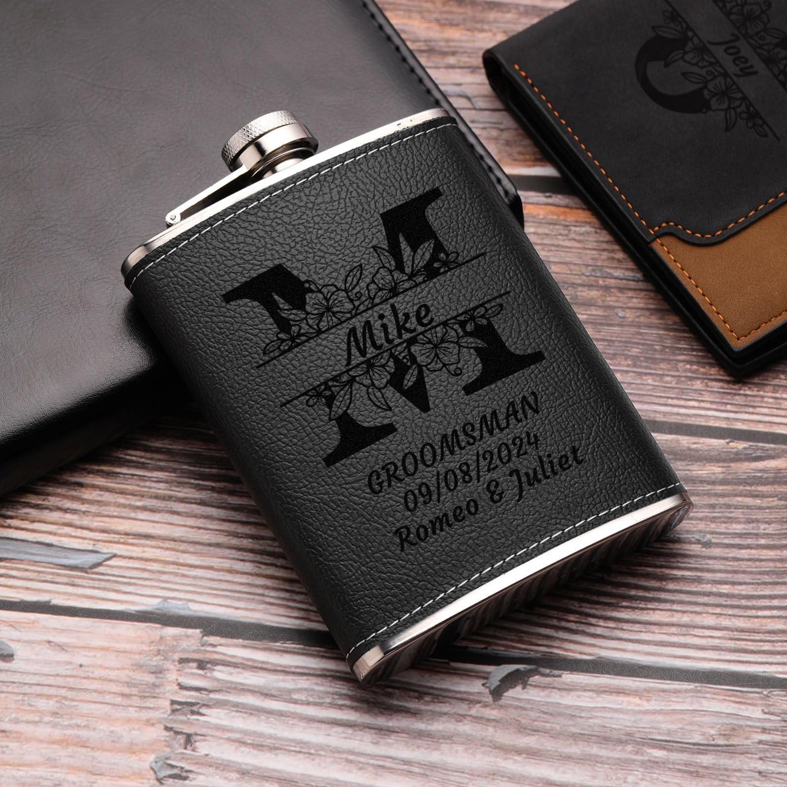 PEGYOU Personalized Leather Flasks for Liquor for Men, Custom Engraved Monogrammed Flask, 8 oz Whiskey Flask Hip Flask, Groomsmen Gifts Christmas Birthday Gifts for Dad Grandpa - Leather, Black