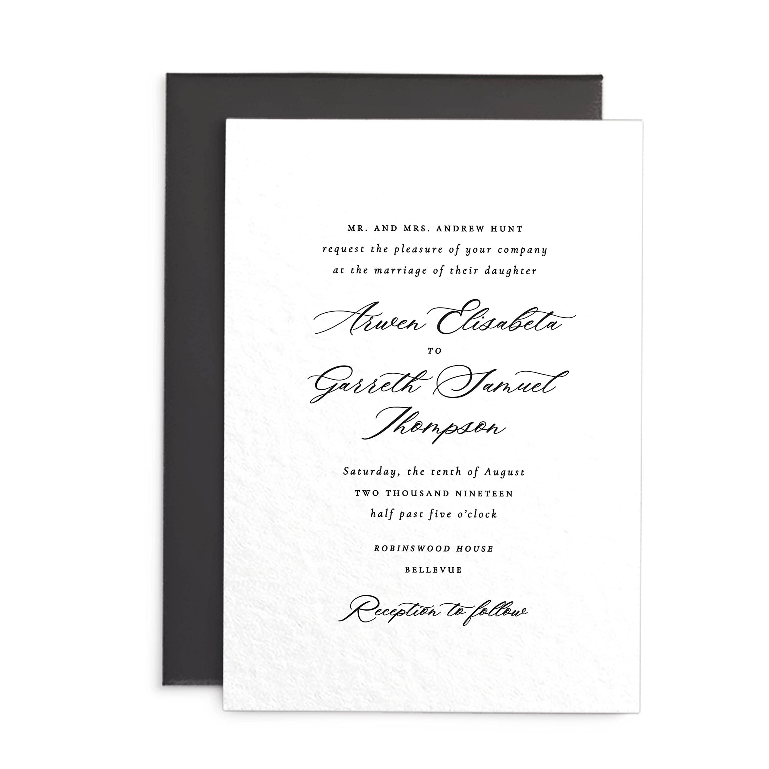 marsupial papers Letterpress Wedding Invitations | Customizable Elegant, Floral, Custom Printed | Arwen Wedding Invitation with RSVP Envelopes Details Cards (Set of 50, Package 4)