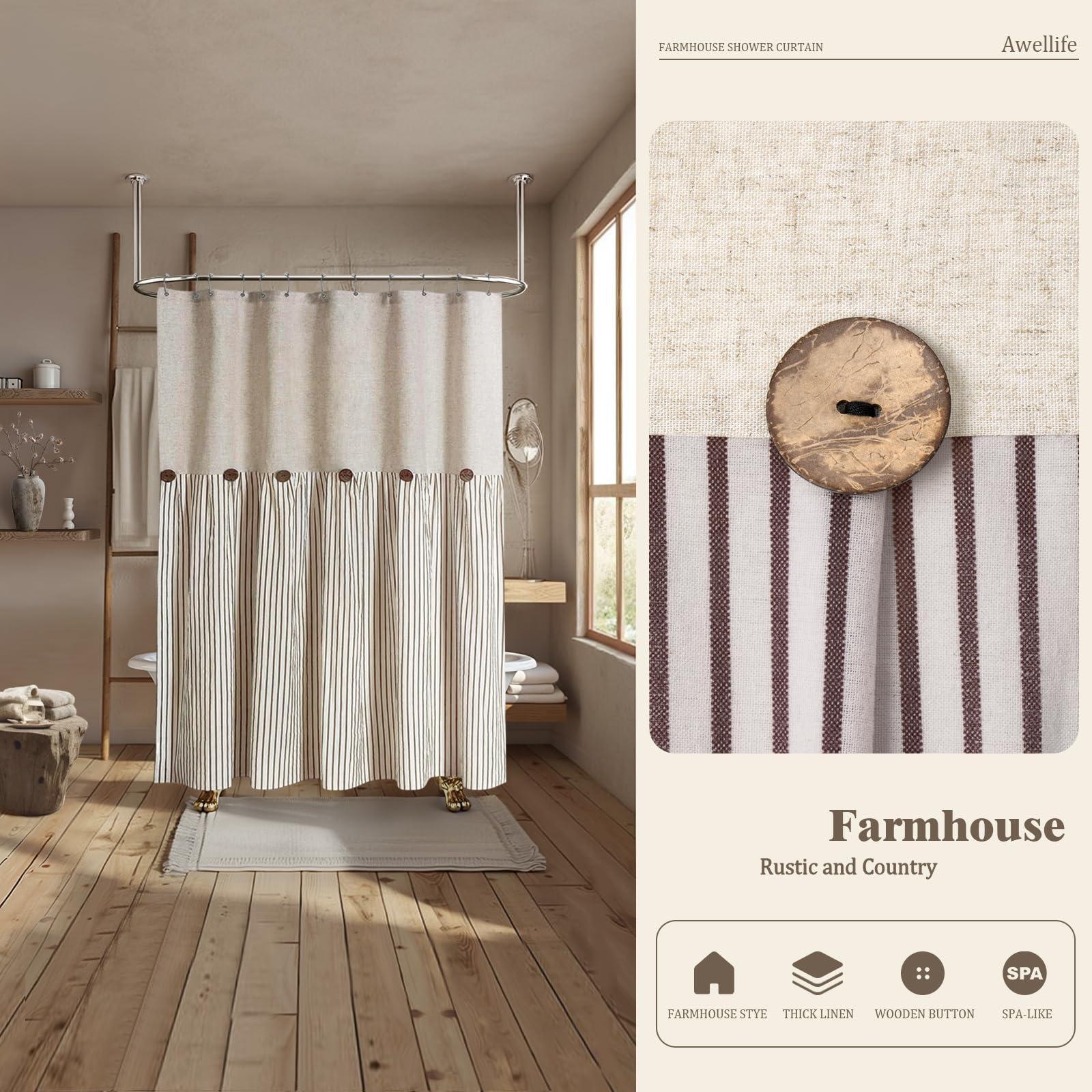 Awellife Awellife Extra Long Shower Curtain for Bathroom 84 Inch Shower Curtain Button Farmhouse Shower Curtain Beige Linen and Cotton Woven Fabric Pleated Brown Stripe Country Rustic Style