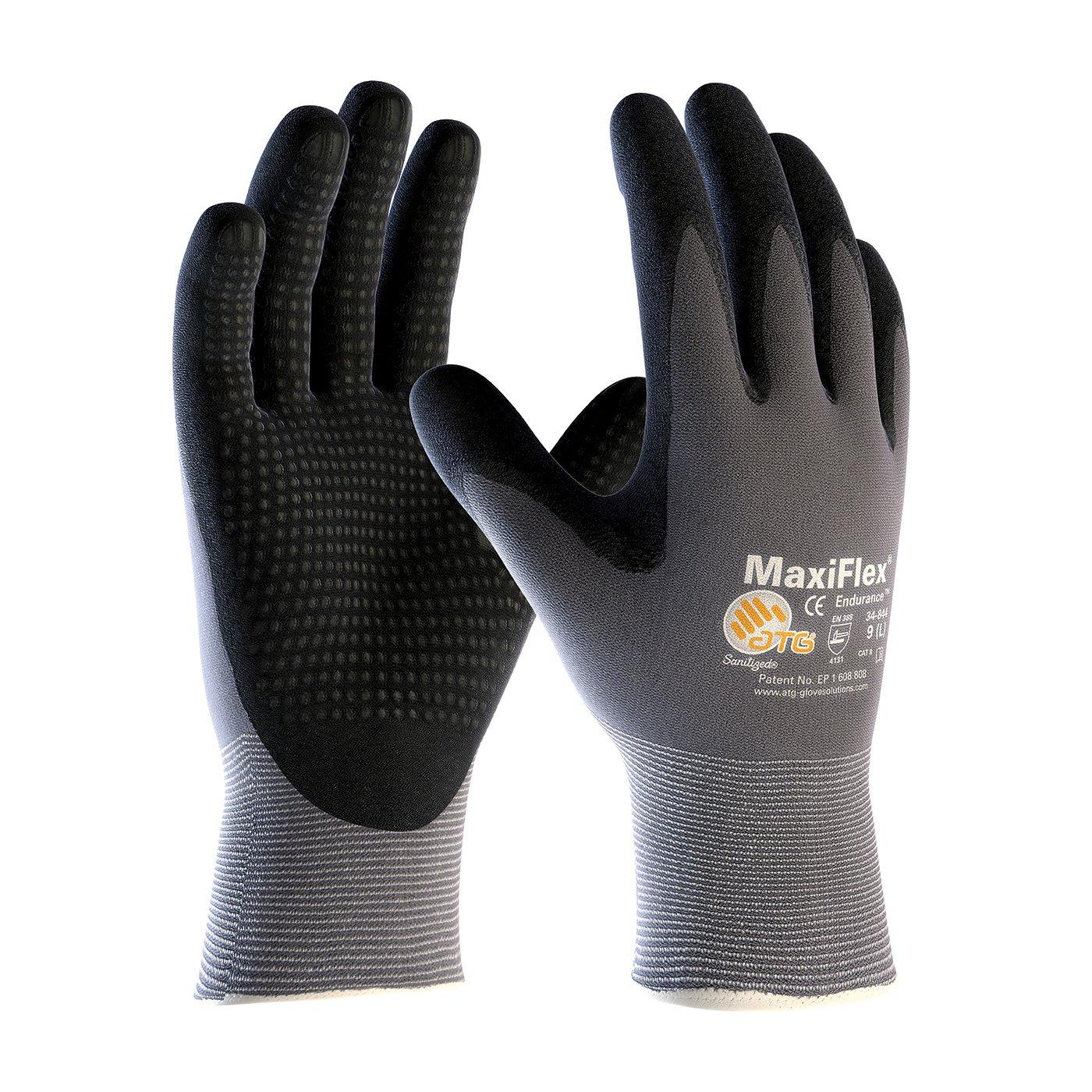 ATG MaxiFlex Endurance 34-844 Seamless Knit Nylon Work Glove with Nitrile Coated Grip on Palm & Fingers (Pack of 3),Black and Gray