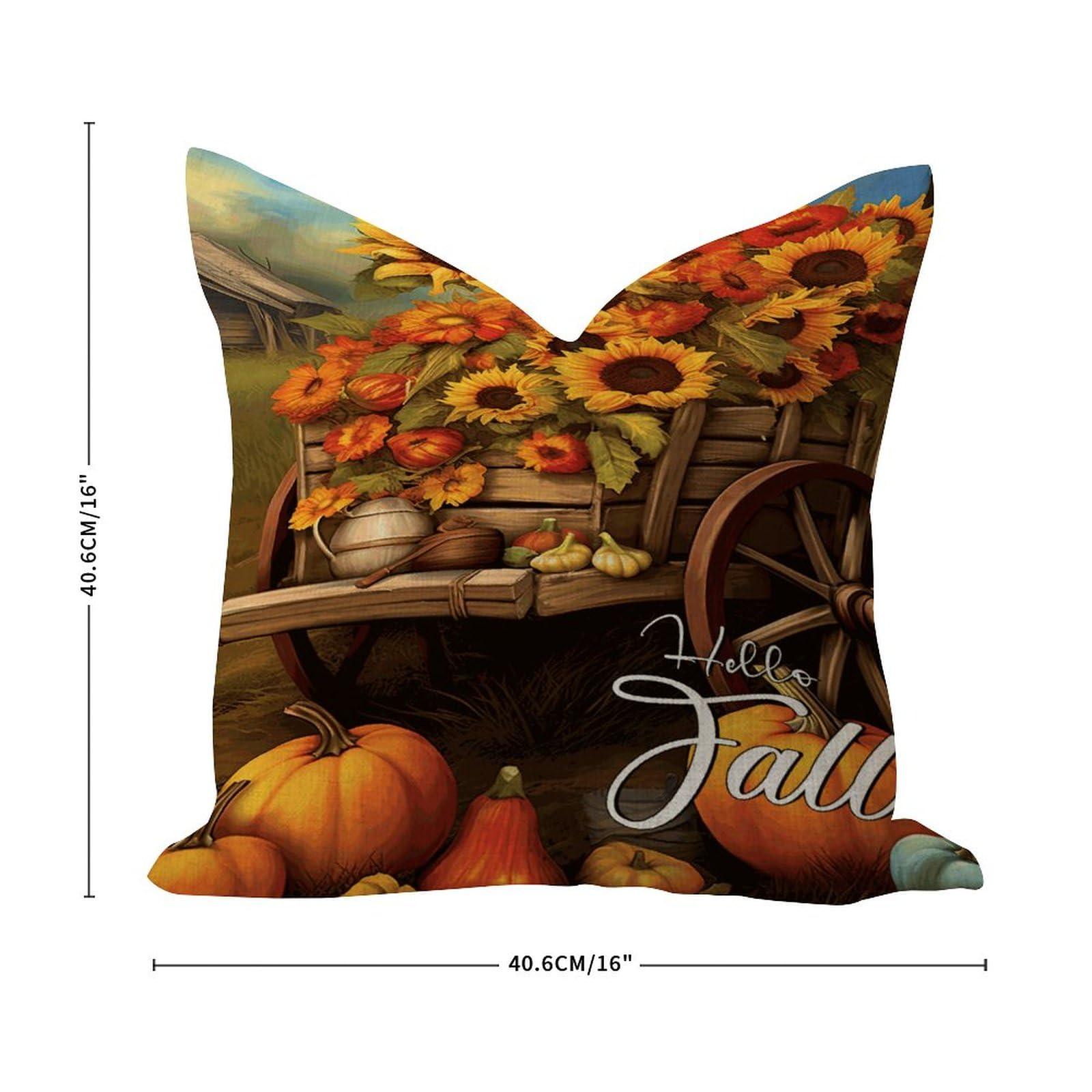 COVOME COVOME Hello Fall Pillow Cover 16x16in Burlap Linen Farmhouse Pillowcases Fall Thanksgiving Pumpkin Sunflowers Square Throw Cushion Case for Playroom Indoors Home Bed Home Decor