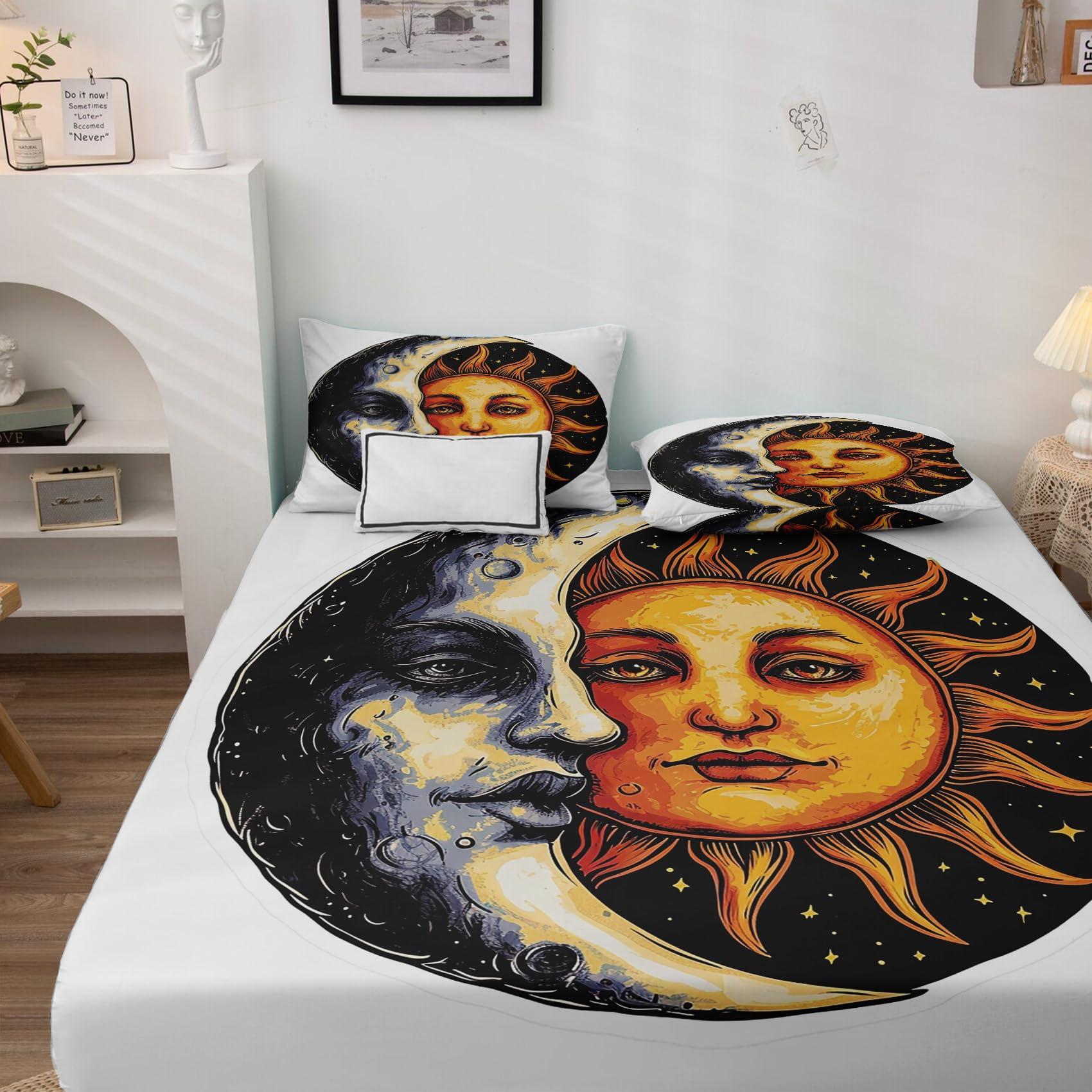 THYUNQ THYUNQ Sun and Moon Sheets King Size Bed, Celestial Pattern Sheet Set, Soft Microfiber Bedding Sheets & Pillowcases 4 Piece with 12 Inch Deep Pocket, Mystical Bedroom Decor